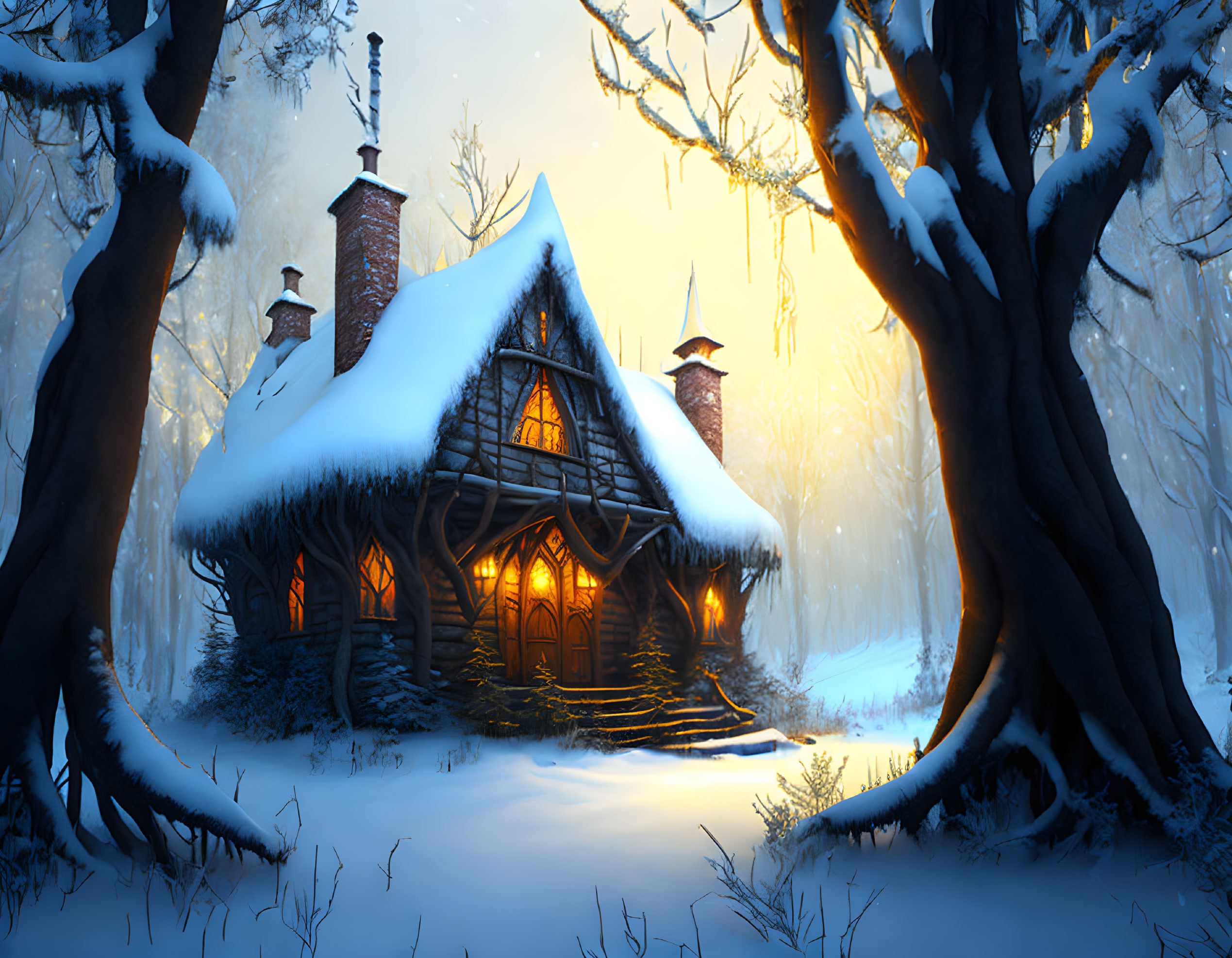 Snow-covered cottage with illuminated windows in winter dusk