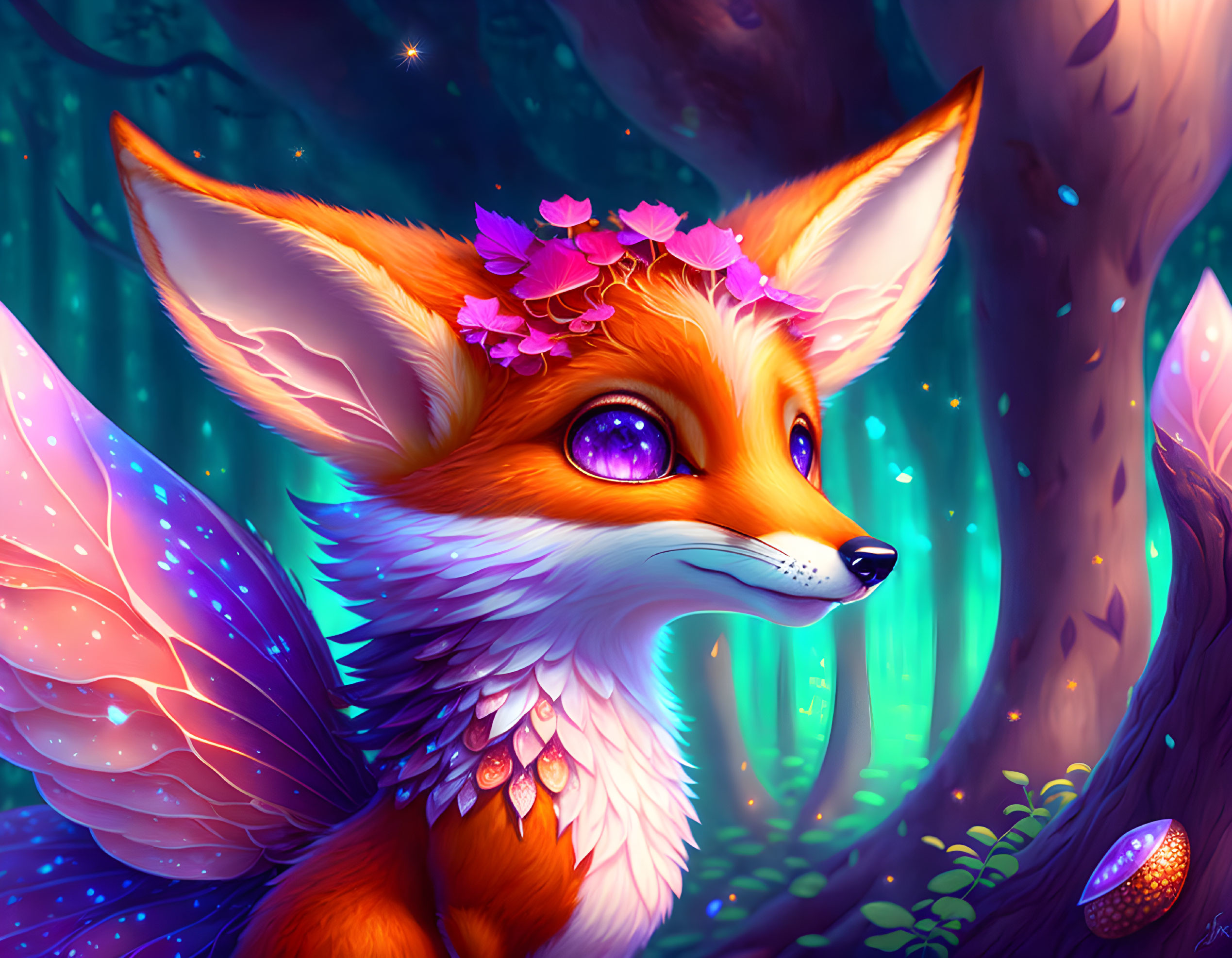 Fantasy fox with purple eyes, translucent wings, and flower crown in enchanted forest