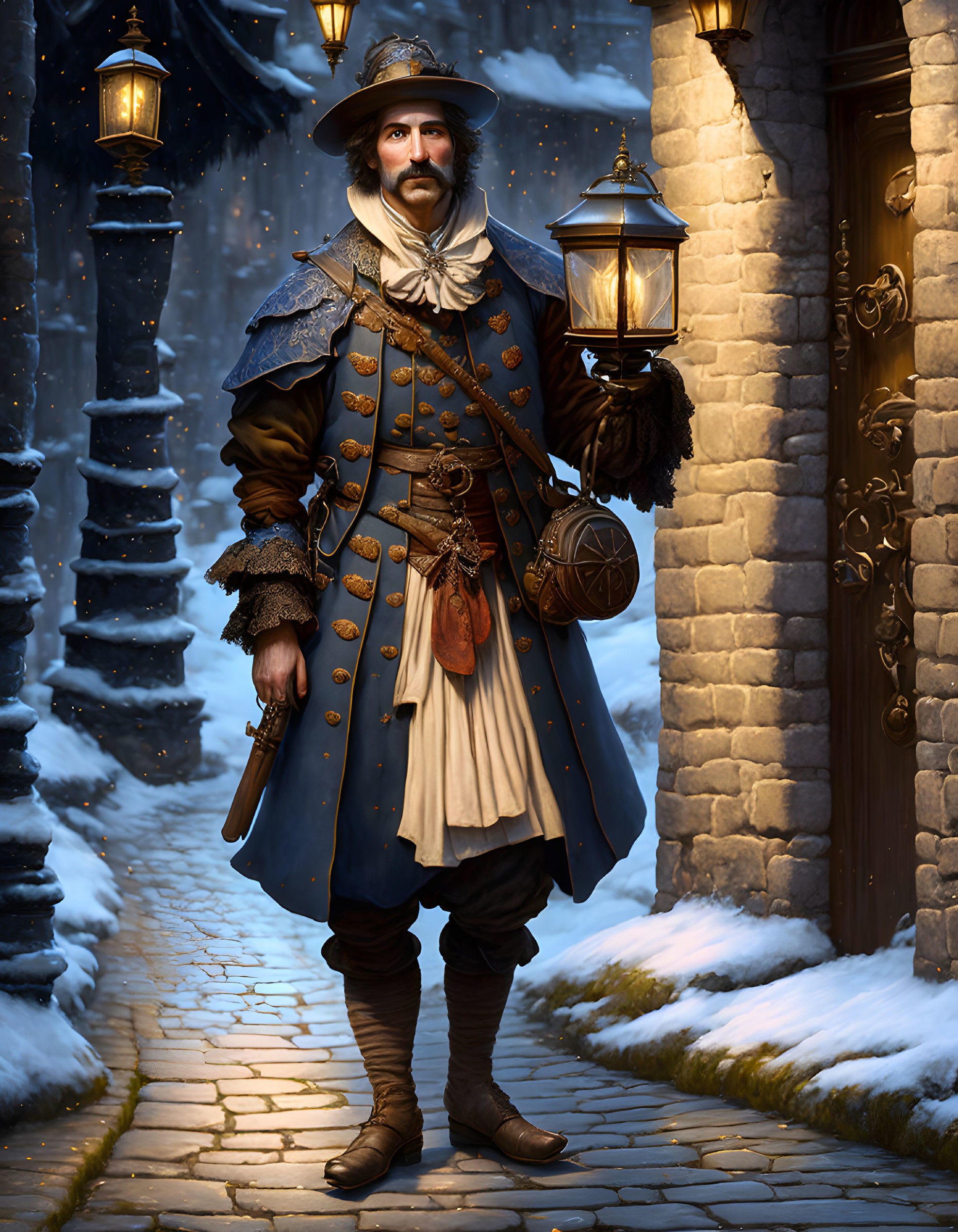 Man in historical attire with lantern in snowy 17th-century European setting