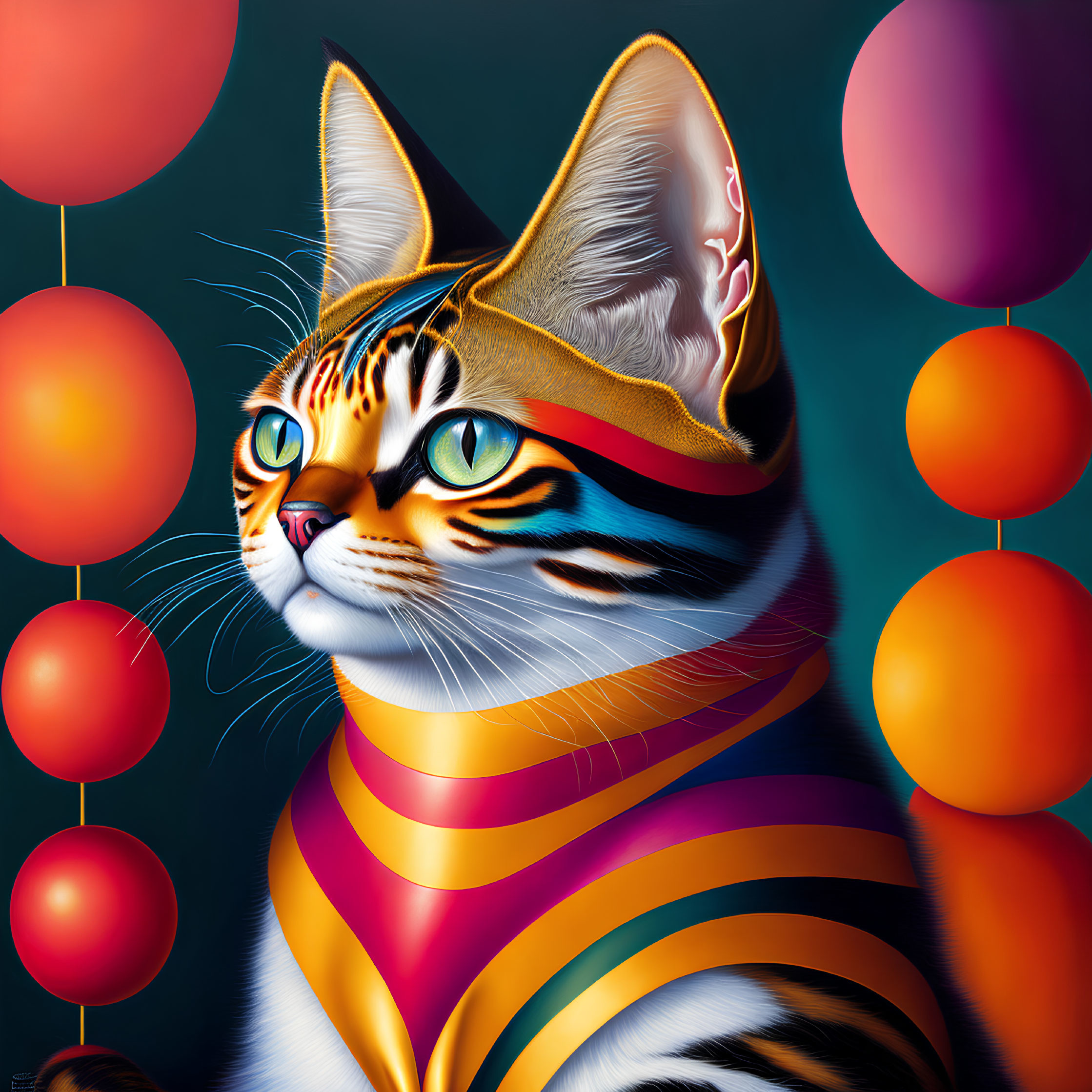 Colorful digital artwork: Cat with intricate patterns and balloons