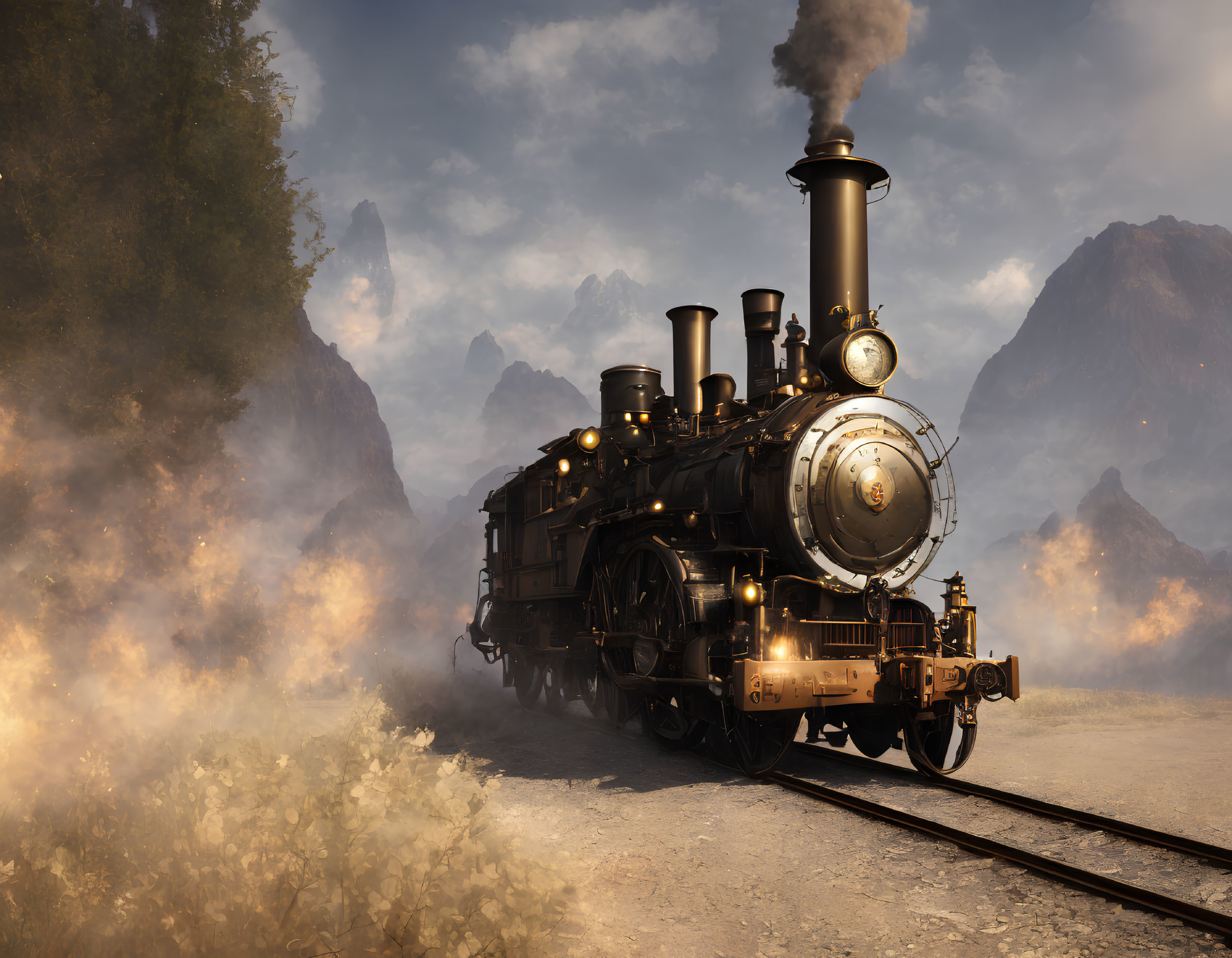 Vintage steam locomotive in misty mountain landscape with billowing smoke