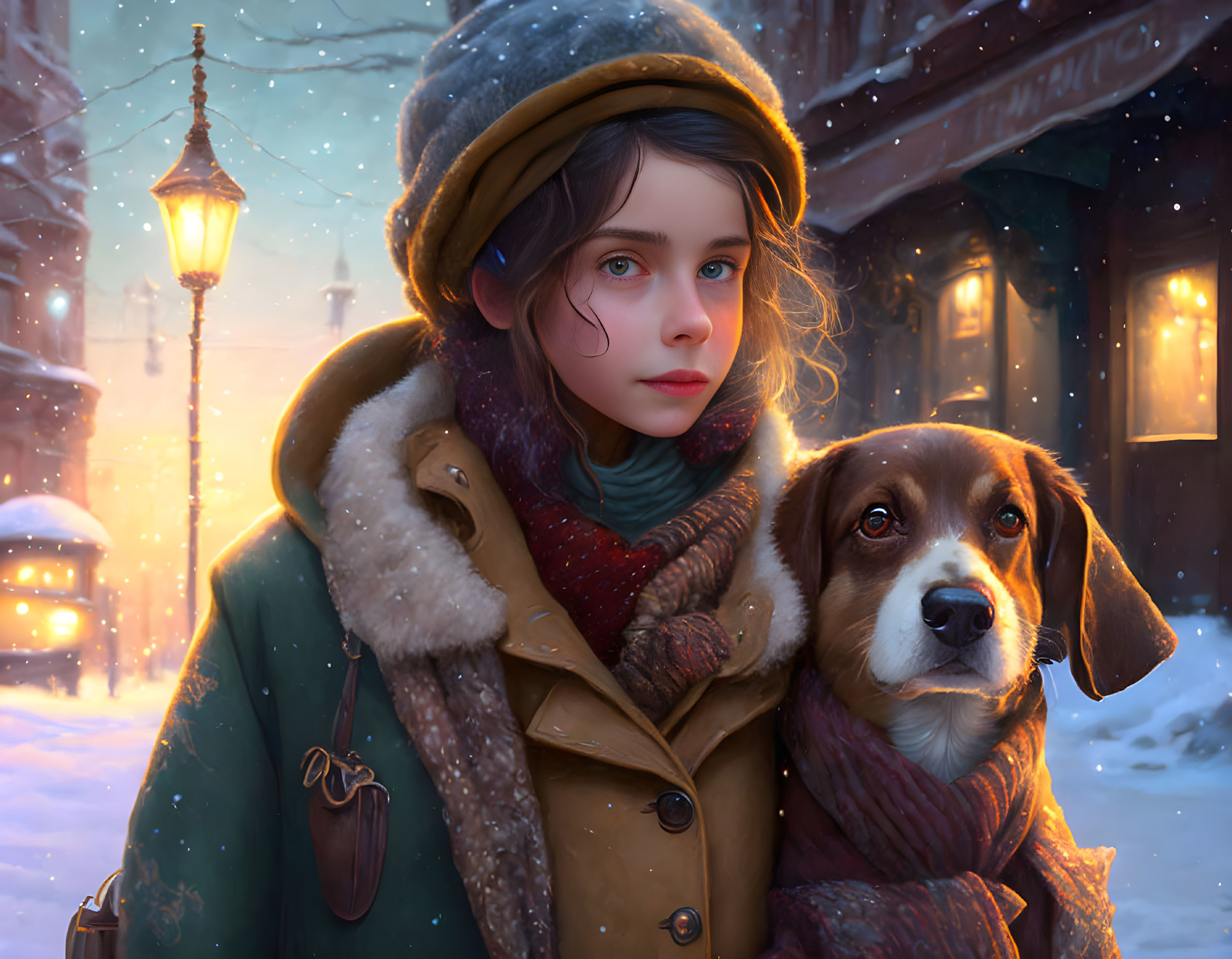 Young person holding a brown and white dog in winter snowfall at dusk