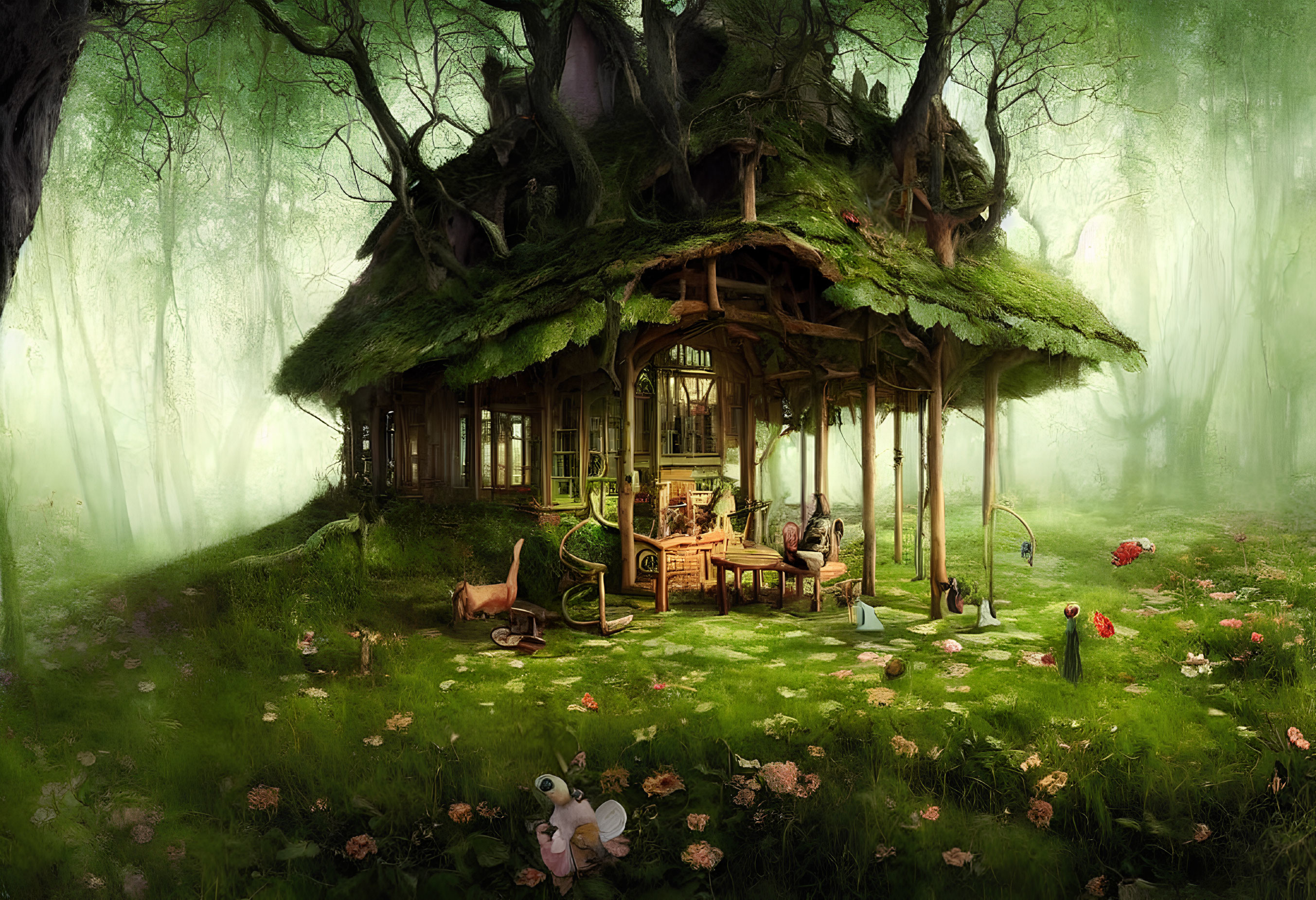 Whimsical treehouse in enchanting forest clearing