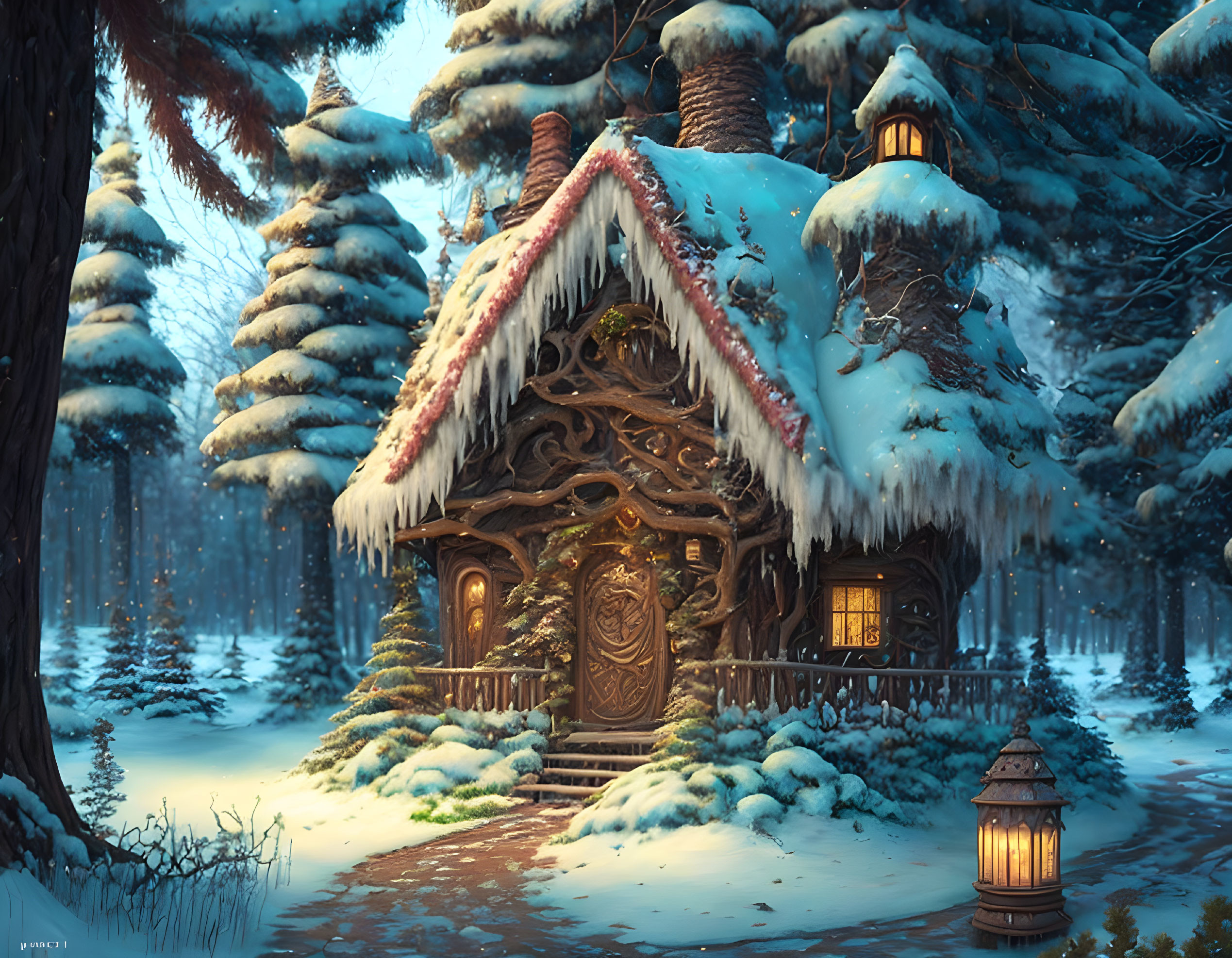 Snow-covered woodland cottage surrounded by glowing windows and snow-draped pine trees at twilight