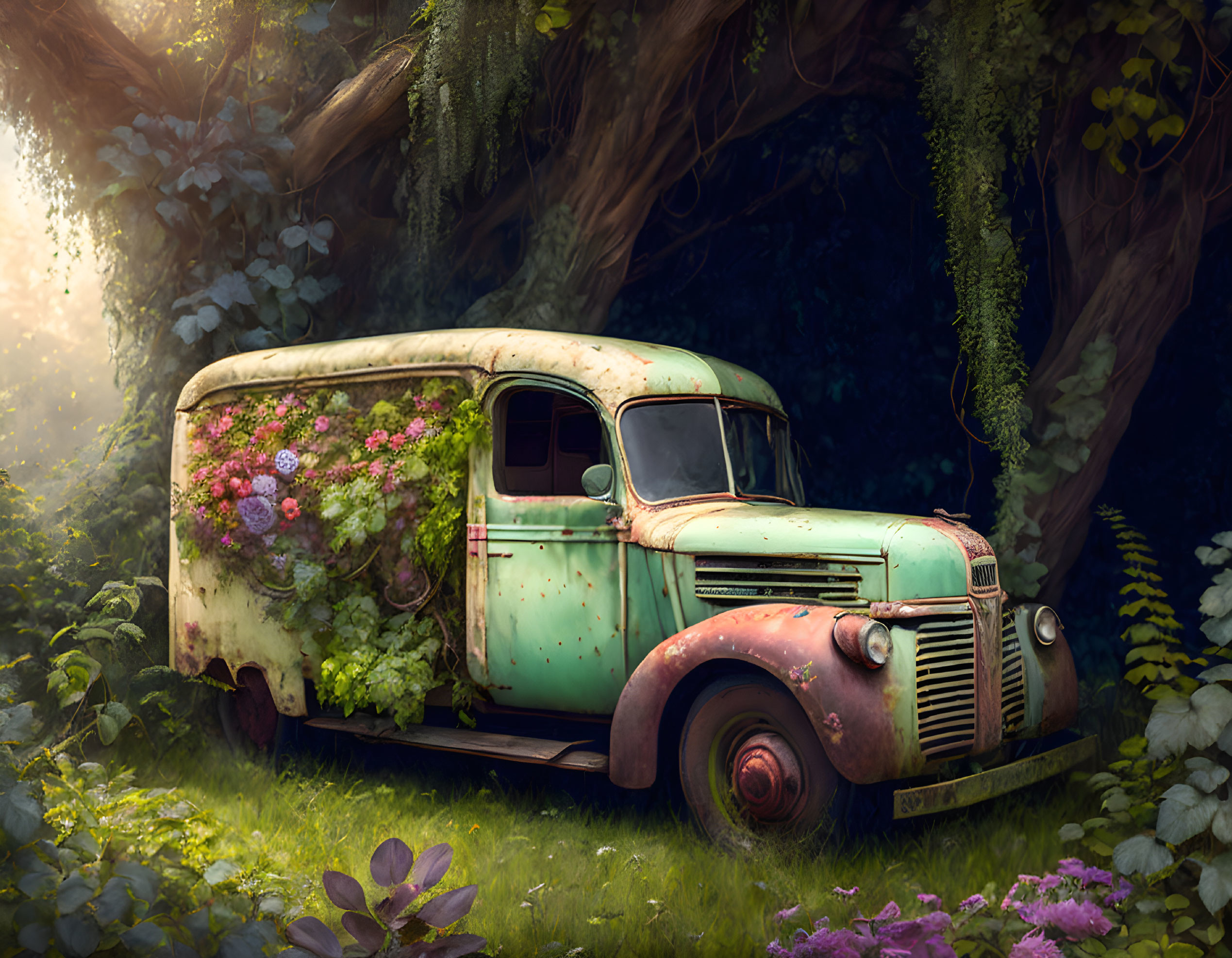 Abandoned delivery truck overgrown with flowers in magical forest