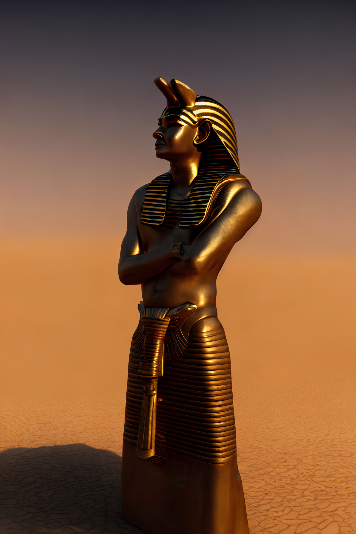 Golden Egyptian Pharaoh Statue in Crossed Arms Pose on Orange Background