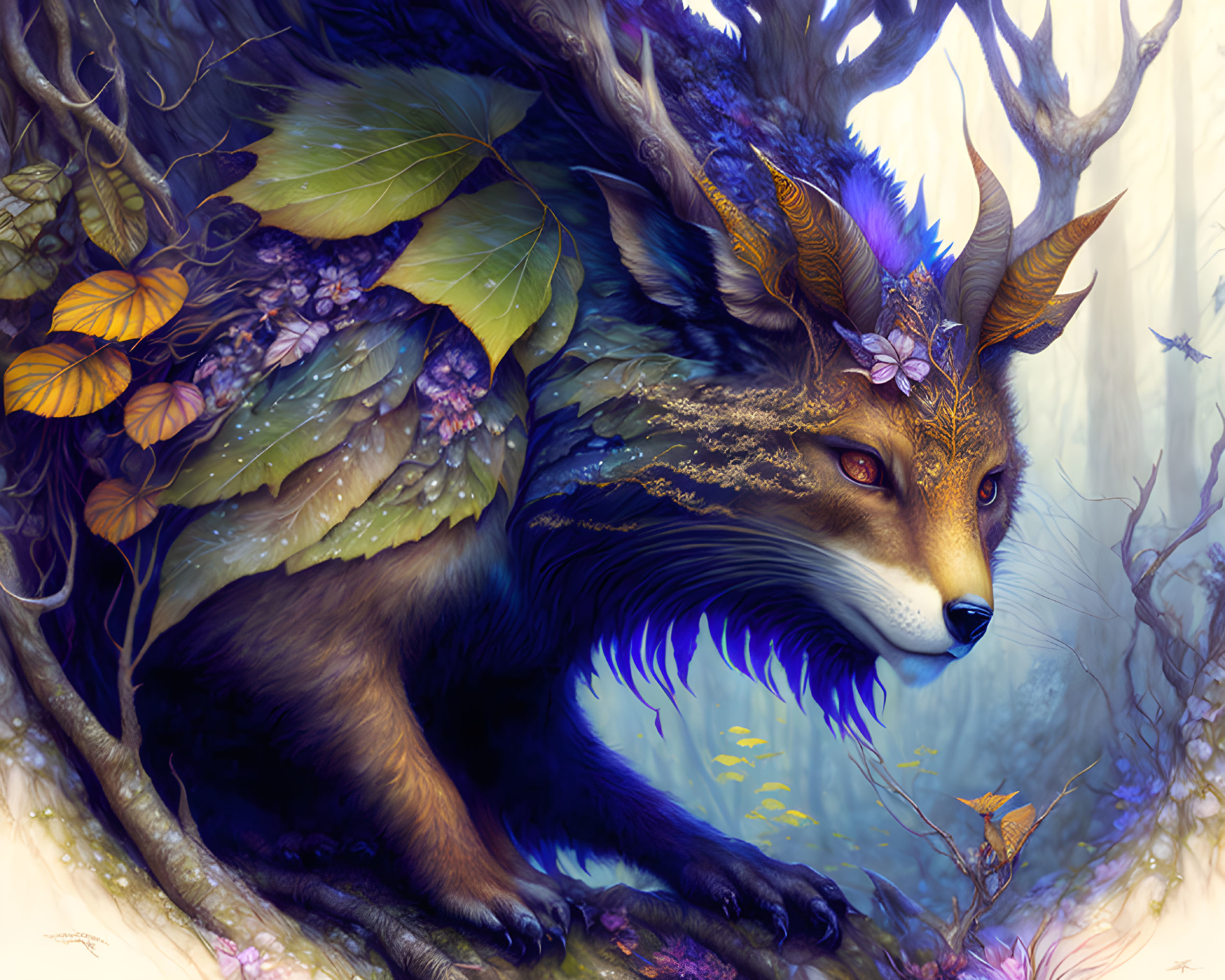 Vibrant purple and blue mystical fox in magical forest with butterflies