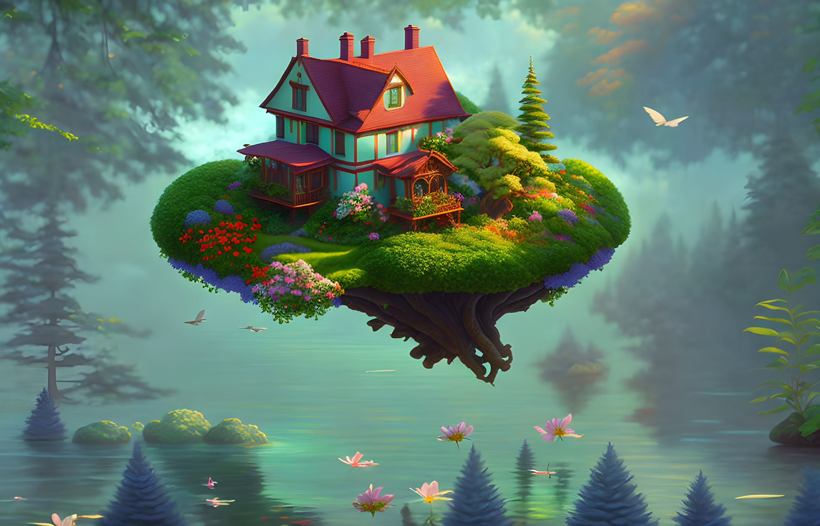 Floating Island with Red-Roofed Cottage, Greenery, Flowers, Misty Lake