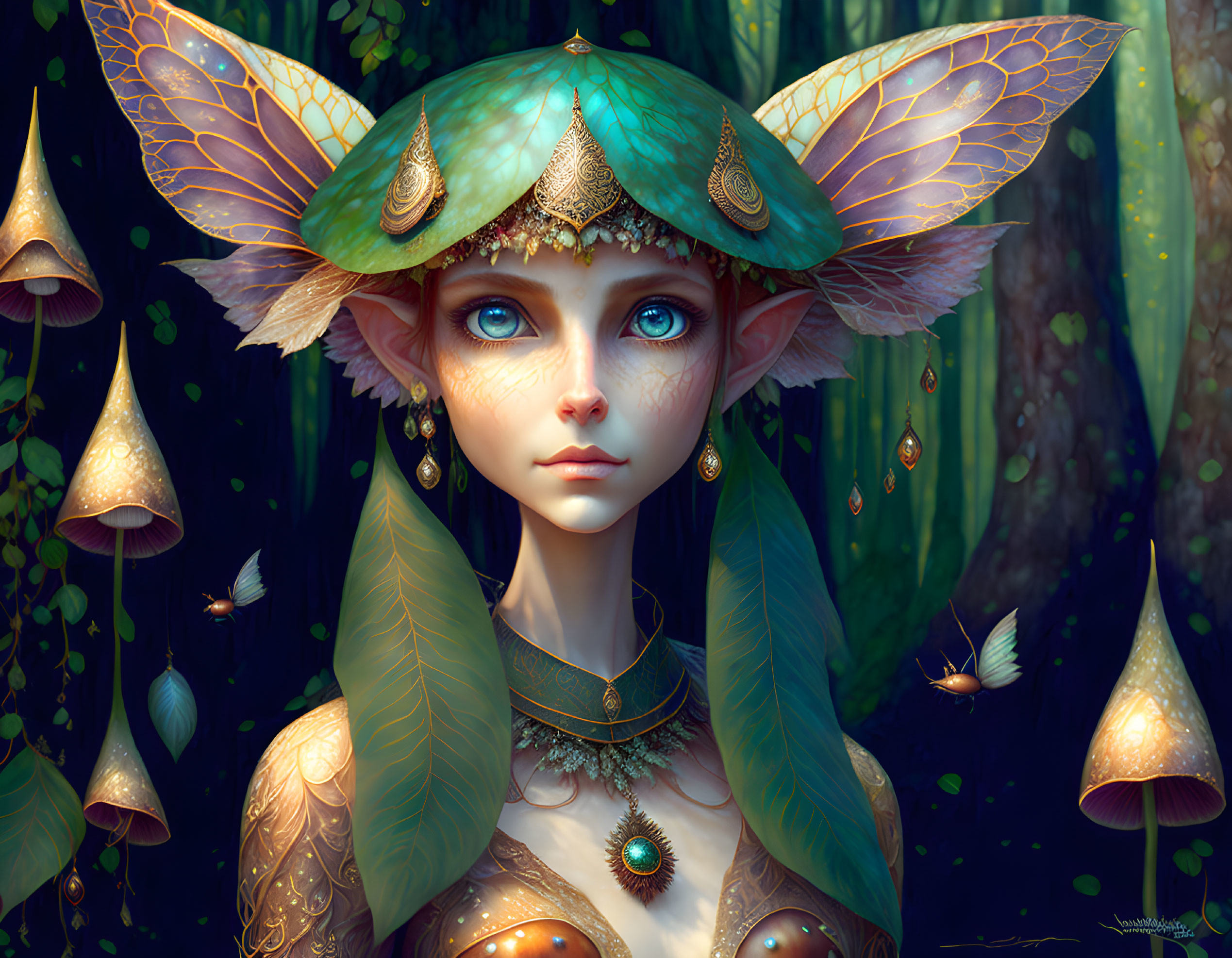 Fantasy portrait: Fairy with butterfly wings in mystical forest