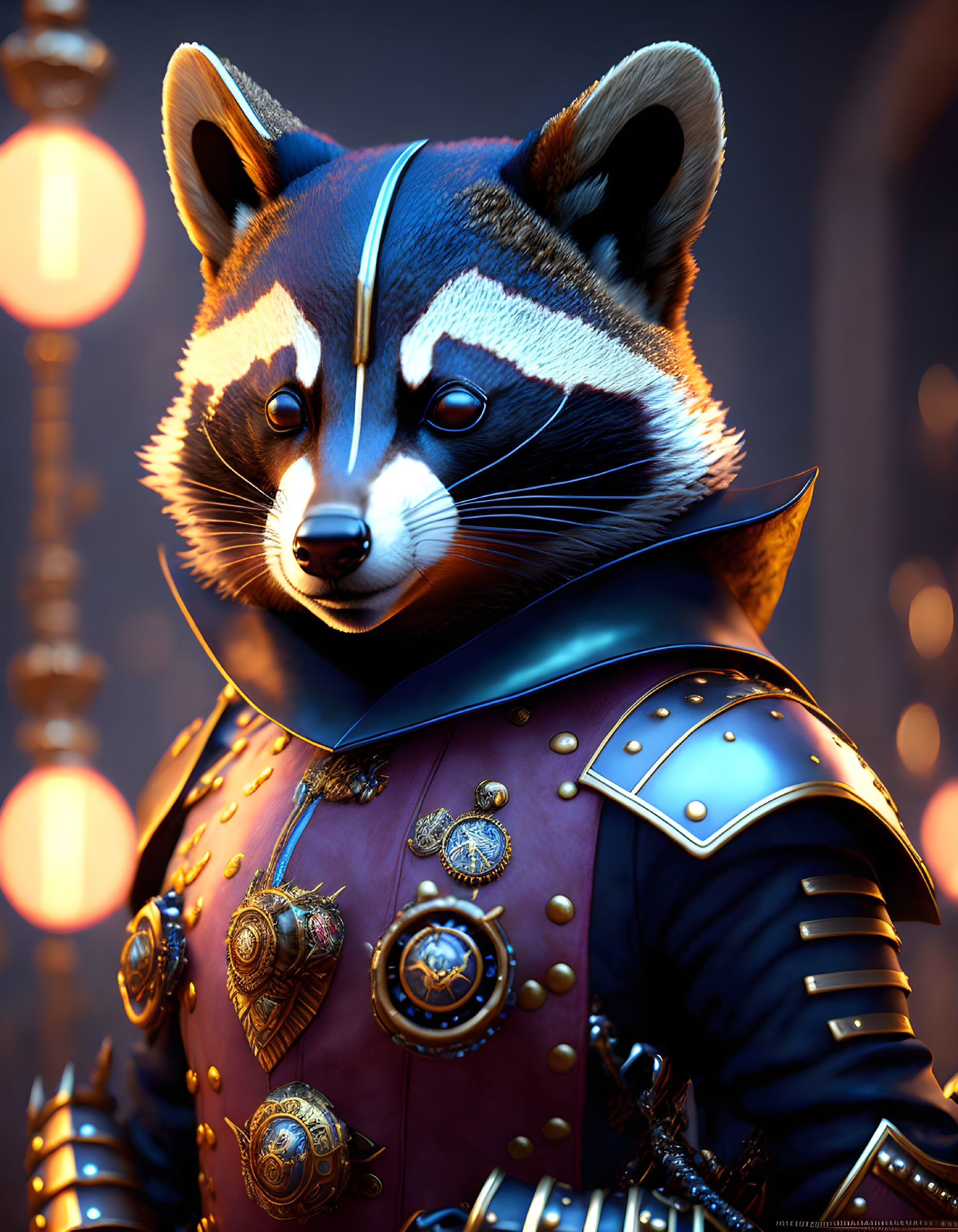 Anthropomorphic raccoon in Japanese samurai armor with red lanterns