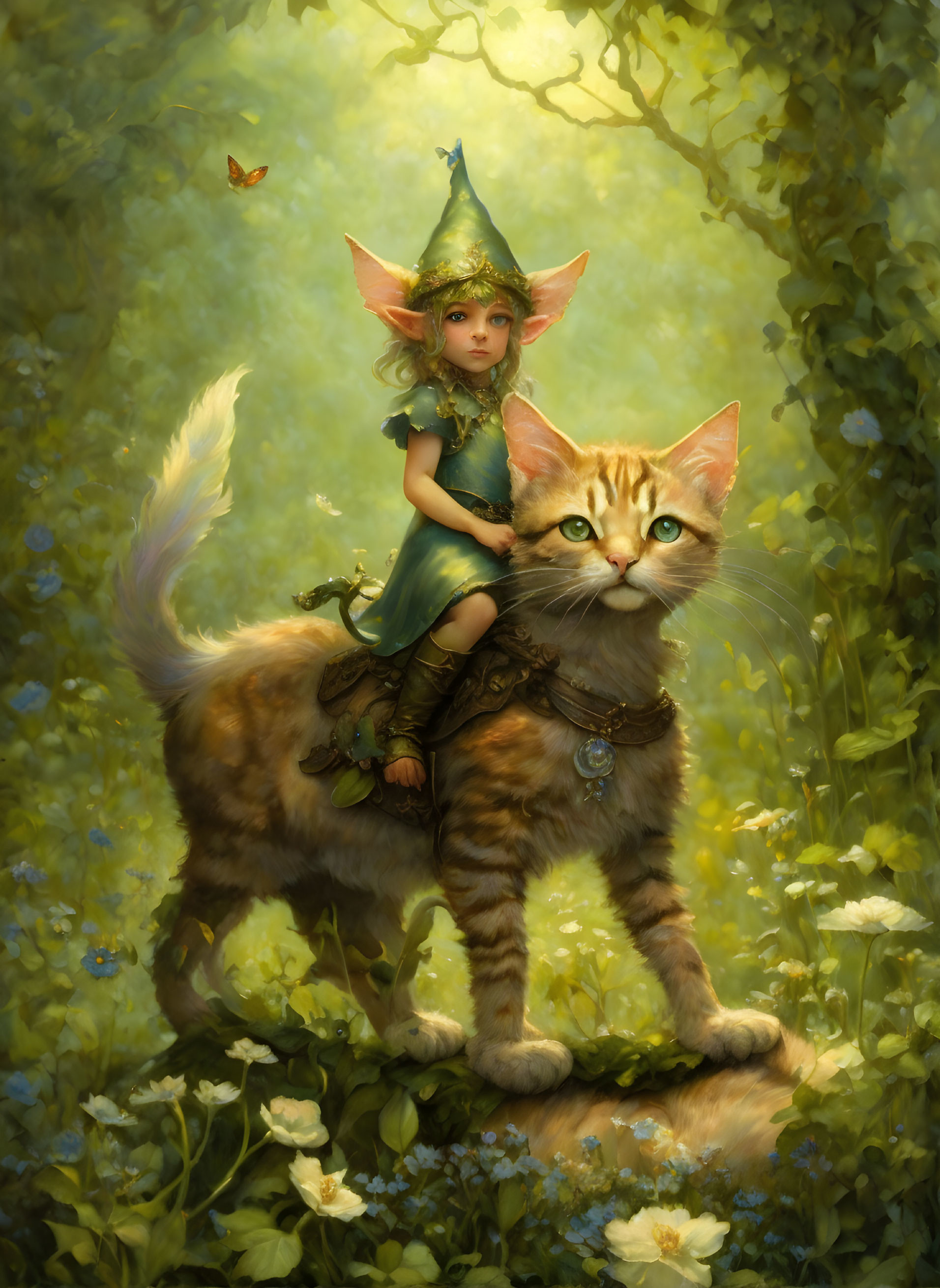 Illustration of small girl with fairy wings riding tabby cat in forest.