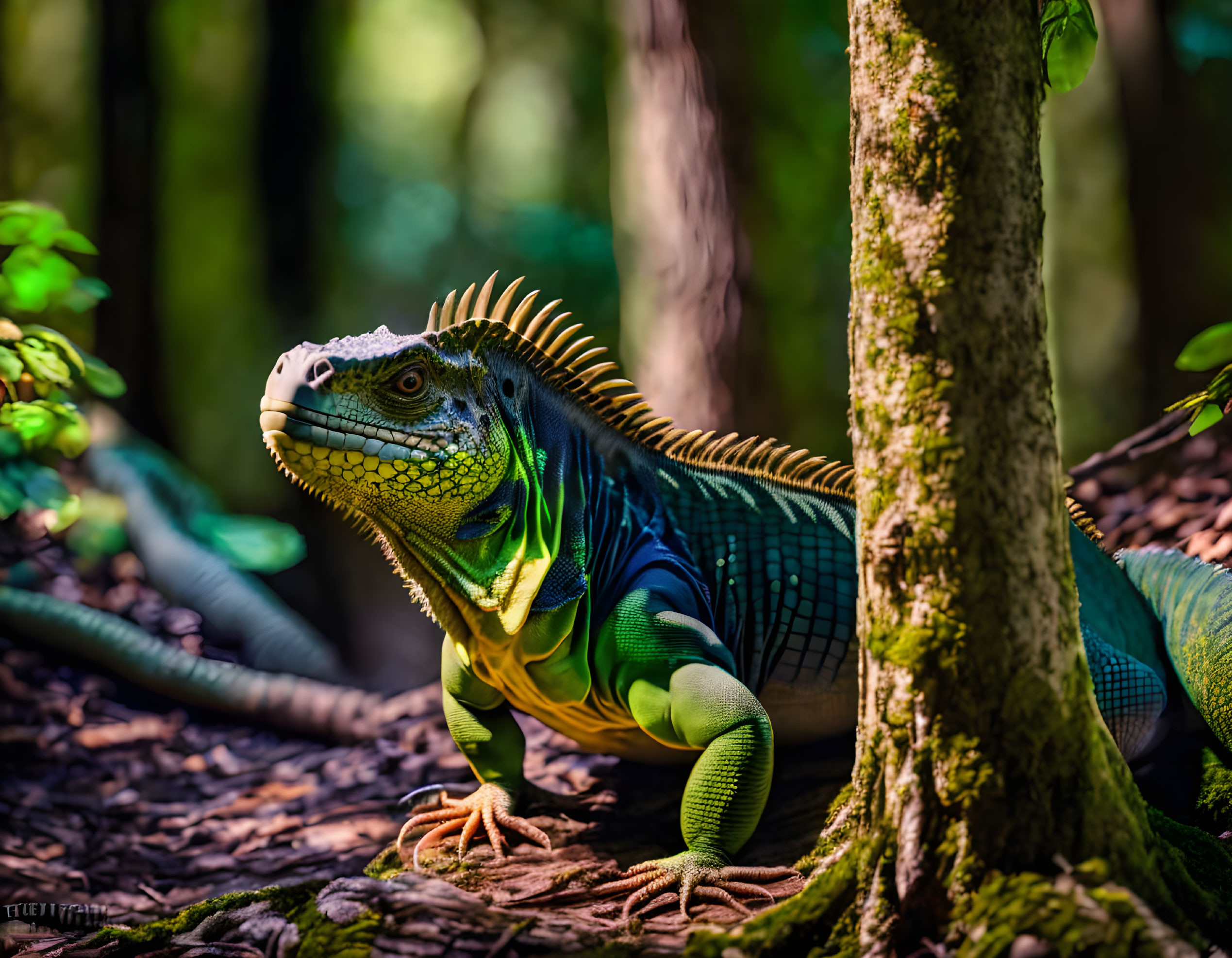 Colorful Green Iguana in Forest Setting