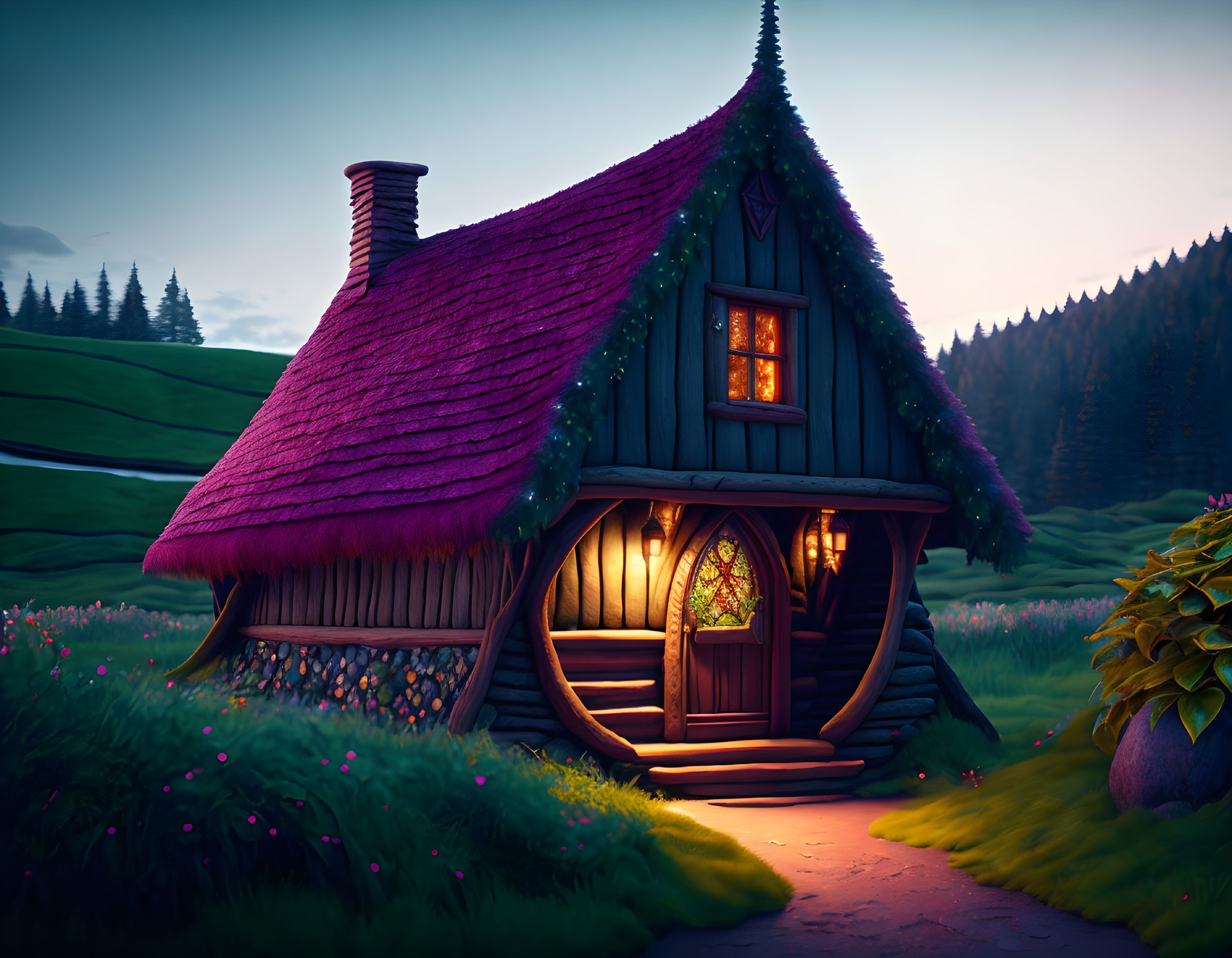 Cozy fairy-tale cottage nestled in twilight landscape