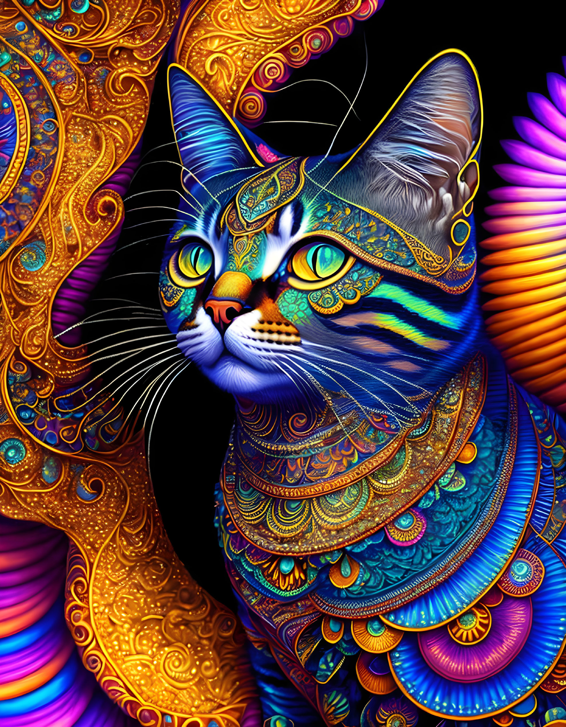 Colorful Cat Artwork with Realism and Psychedelic Style