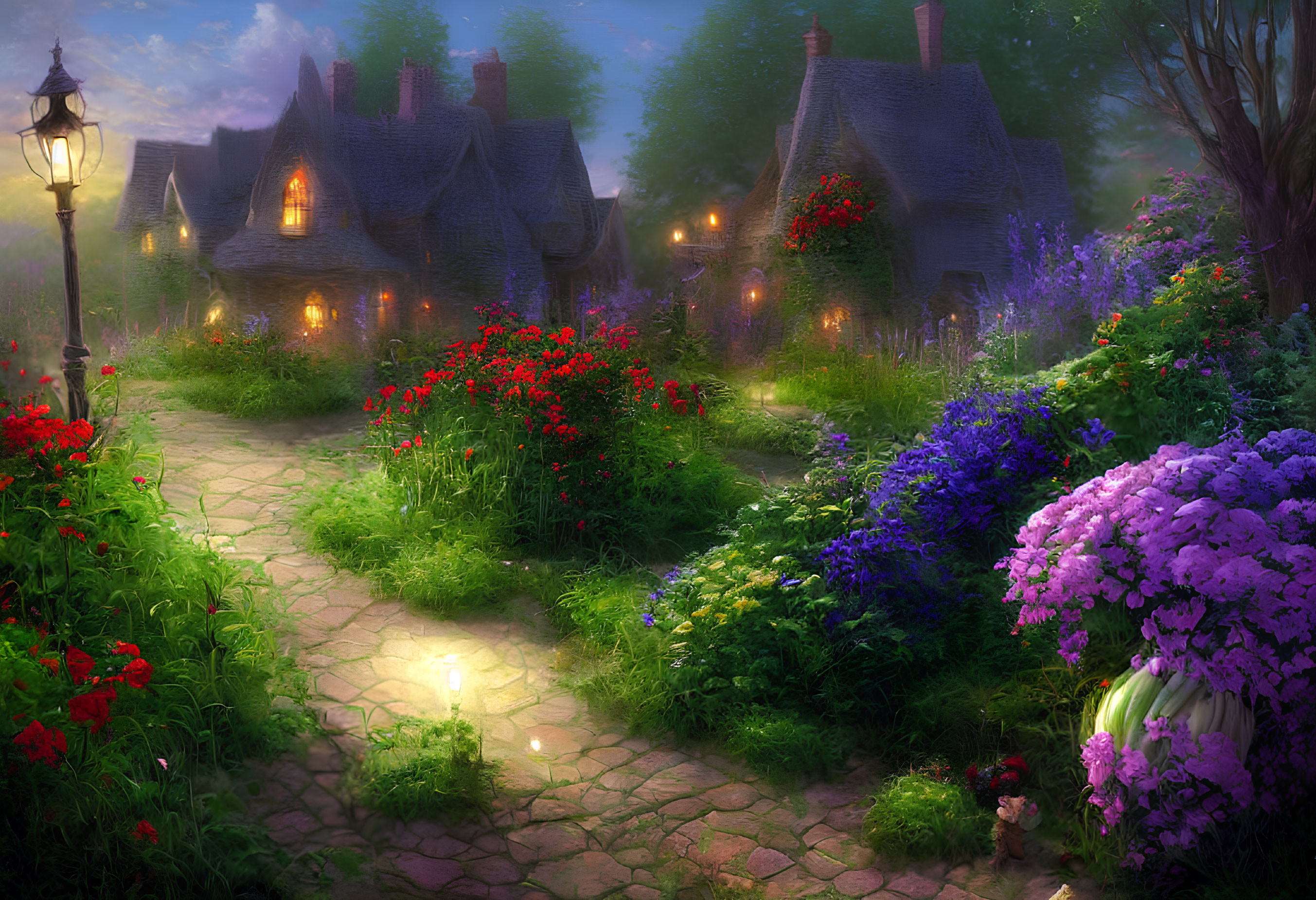 Charming illuminated cottages in lush garden twilight