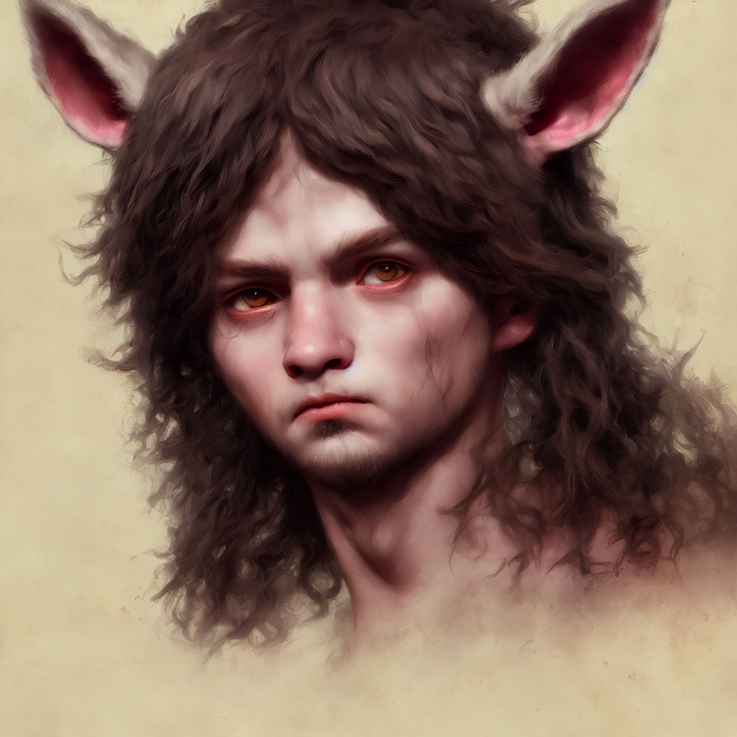 Fantasy creature digital portrait: serious young man with wolf-like ears and long brown hair