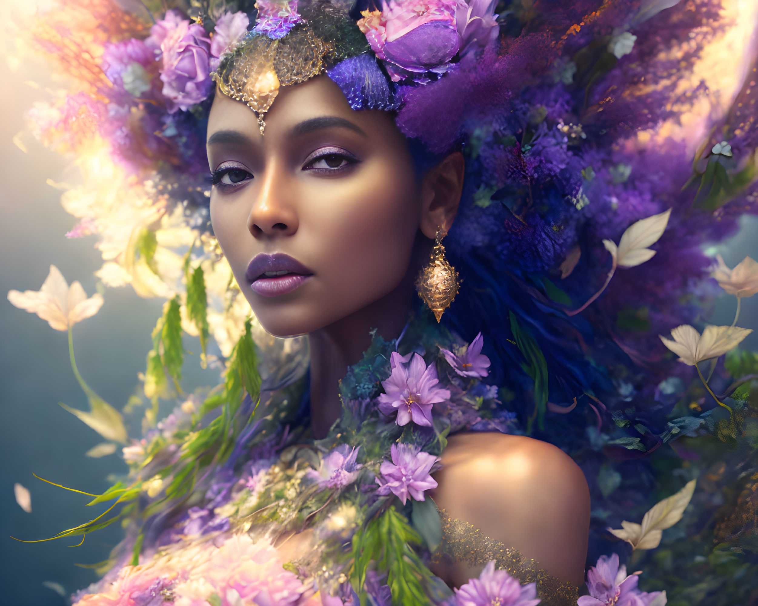 Floral-themed woman portrait with purple hues and delicate blooms