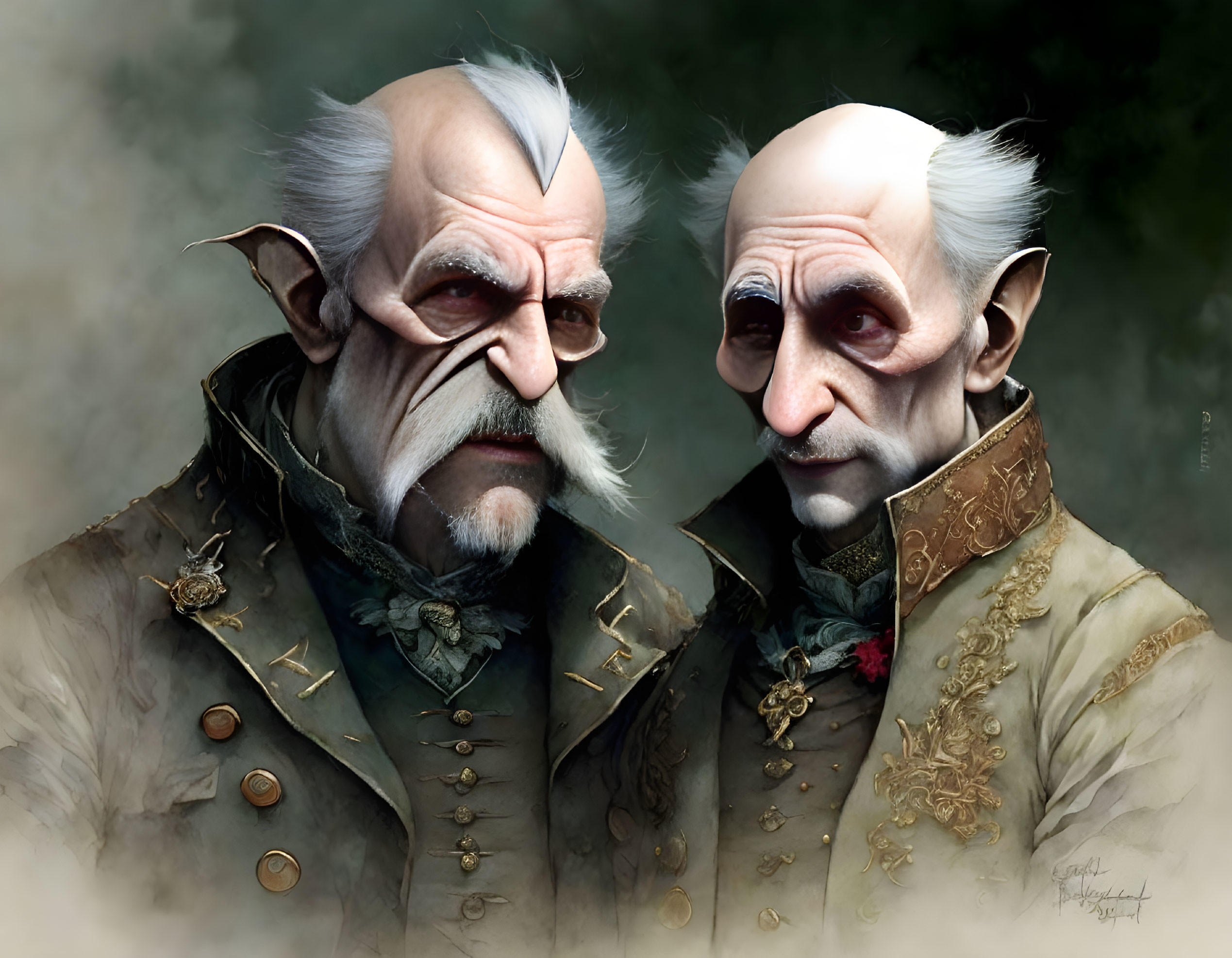 Stylized elderly male figures in ornate military uniforms