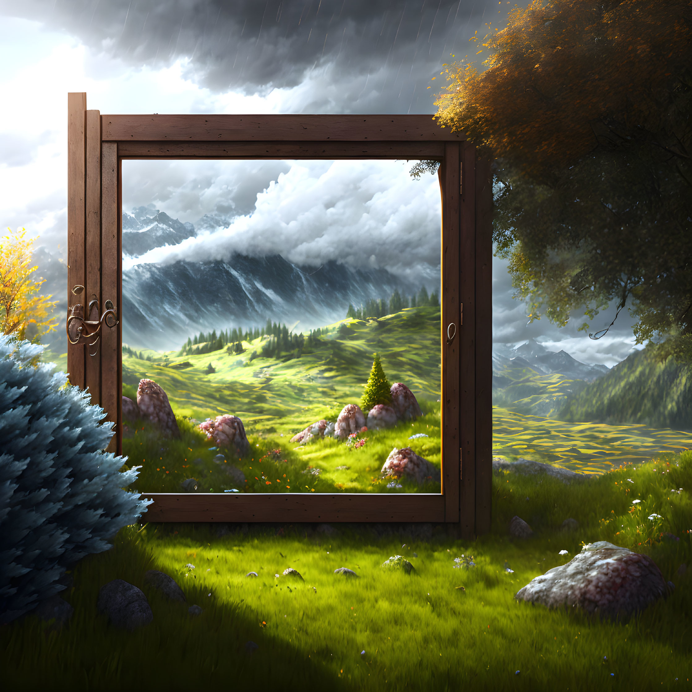 Mountain landscape with open window view: rainy foreground and sunlit background