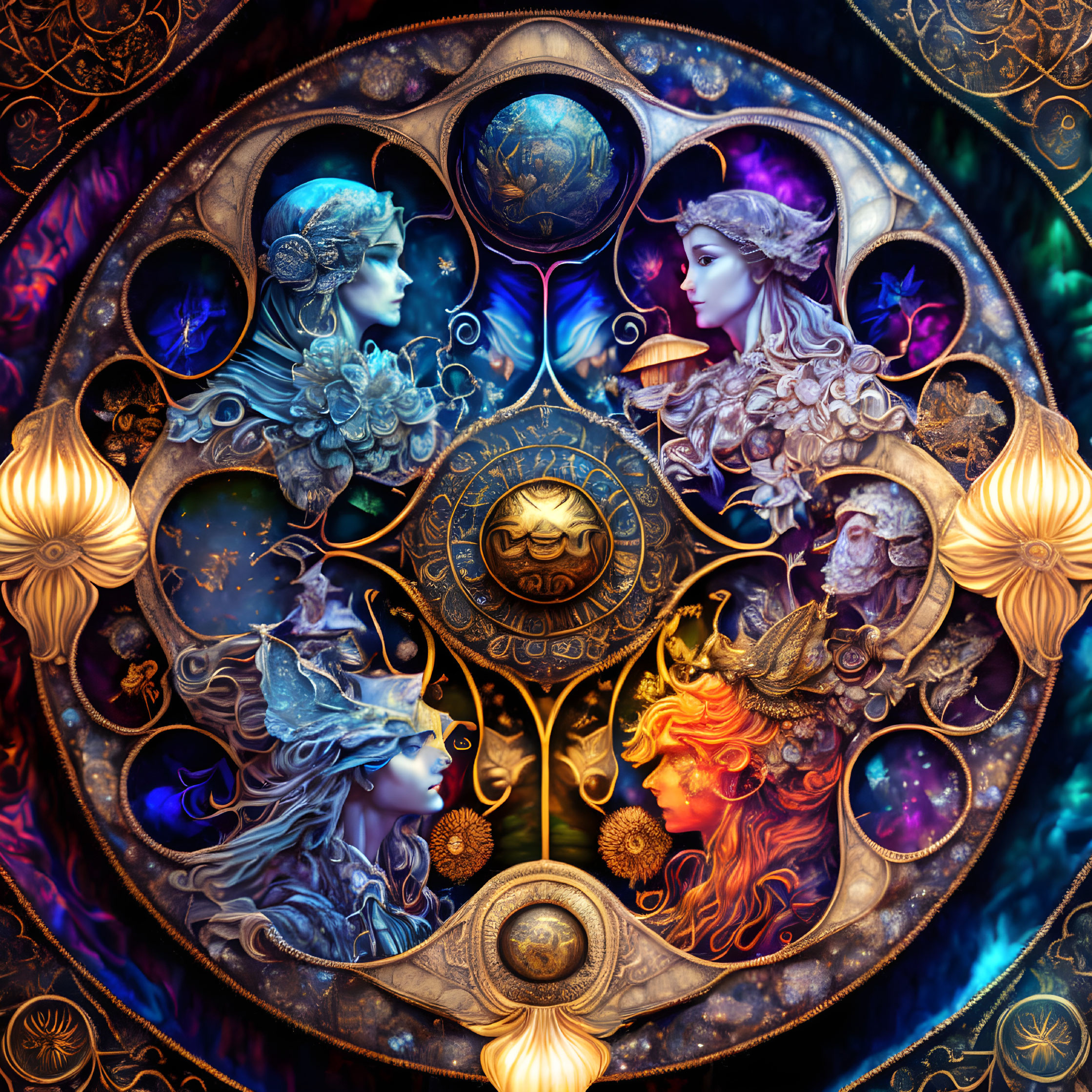 Intricate artwork: Four fantasy figures representing seasons in celestial-themed circular frame