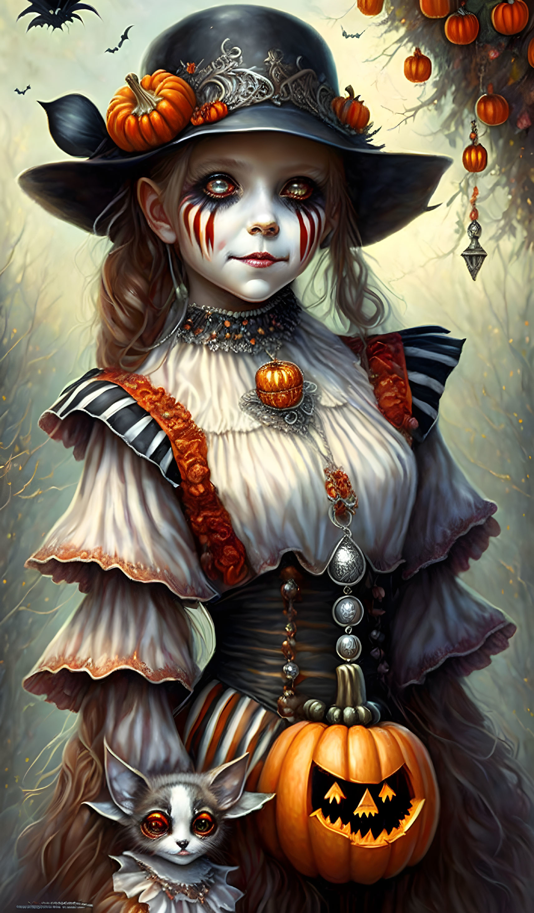 Gothic-style painting of woman in witch costume with pumpkin and winged cat