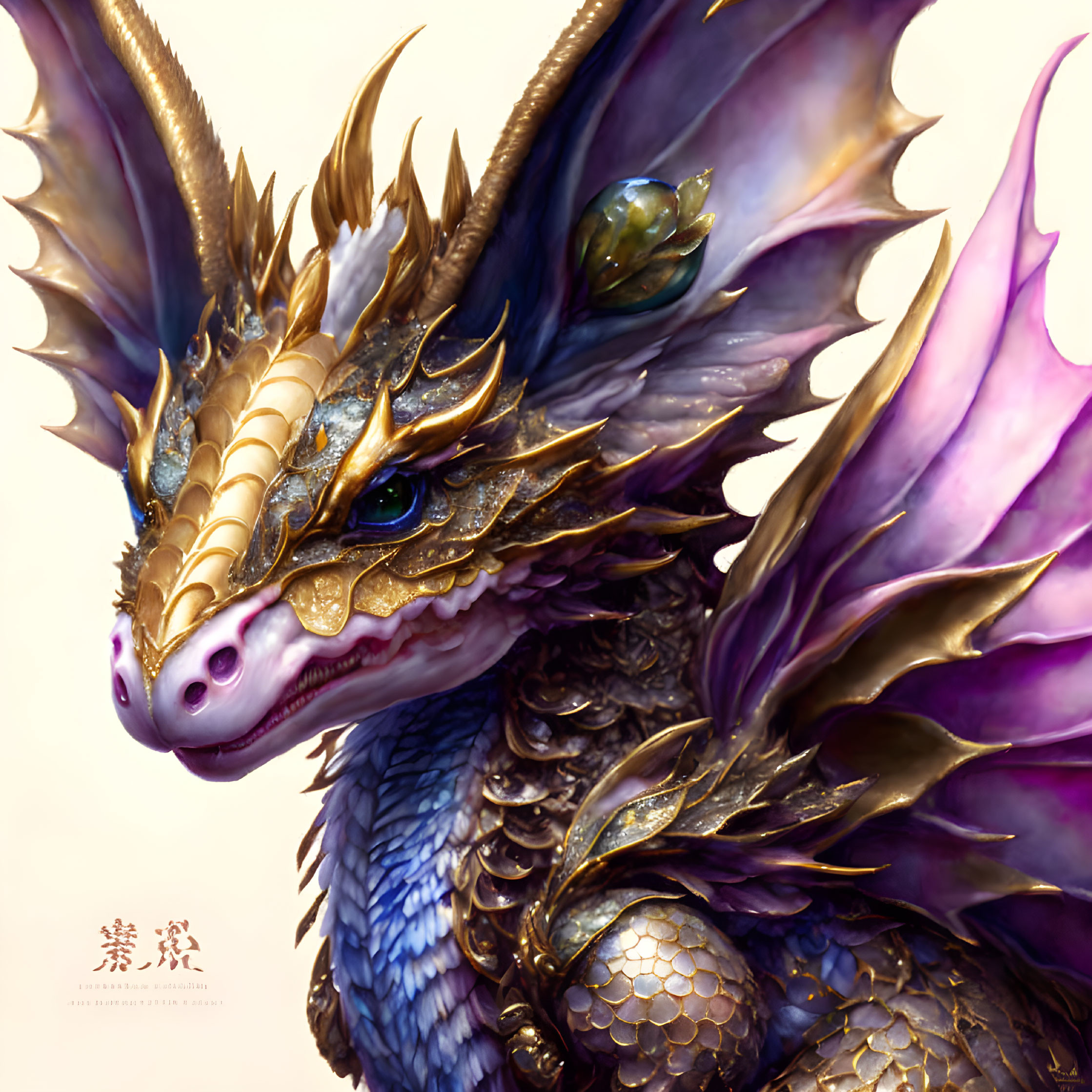 Detailed Illustration: Majestic Dragon with Golden Horns, Blue Scales, and Purple Wings