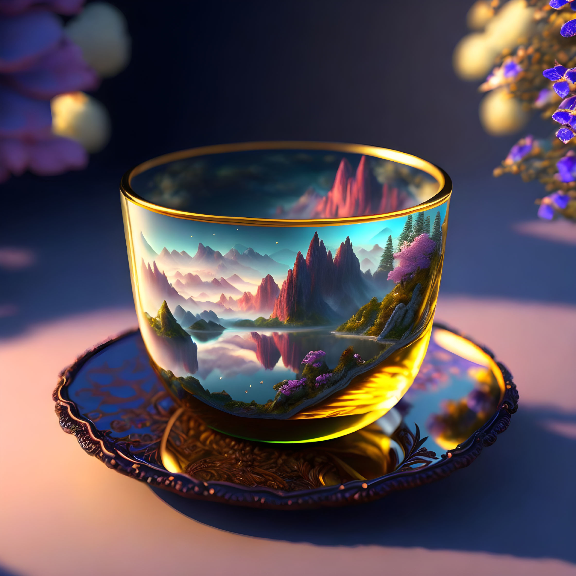 Ornate golden cup with landscape painting on matching saucer at twilight