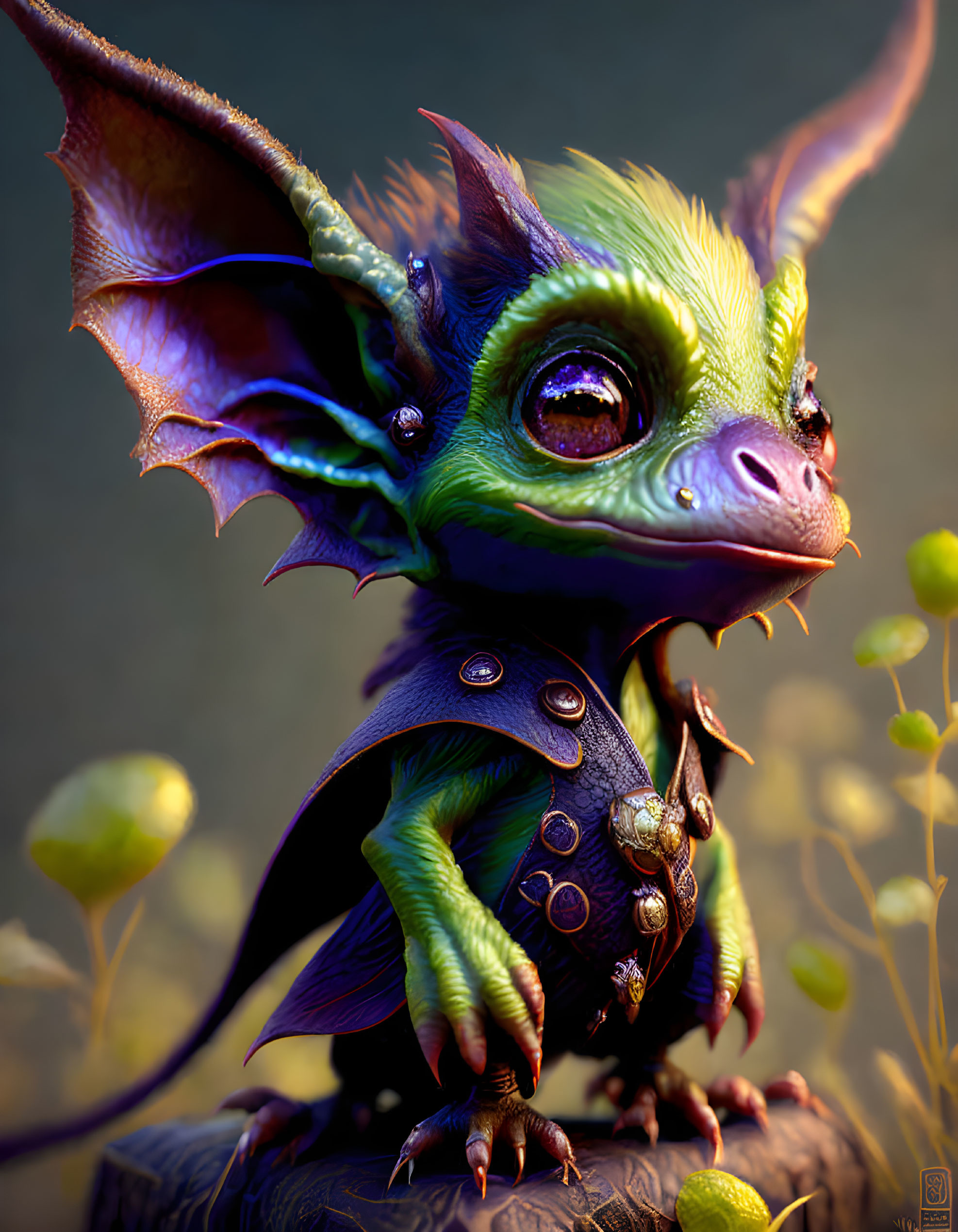 Fantastical creature with large eyes, bat-like wings, horns, and green skin among small yellow