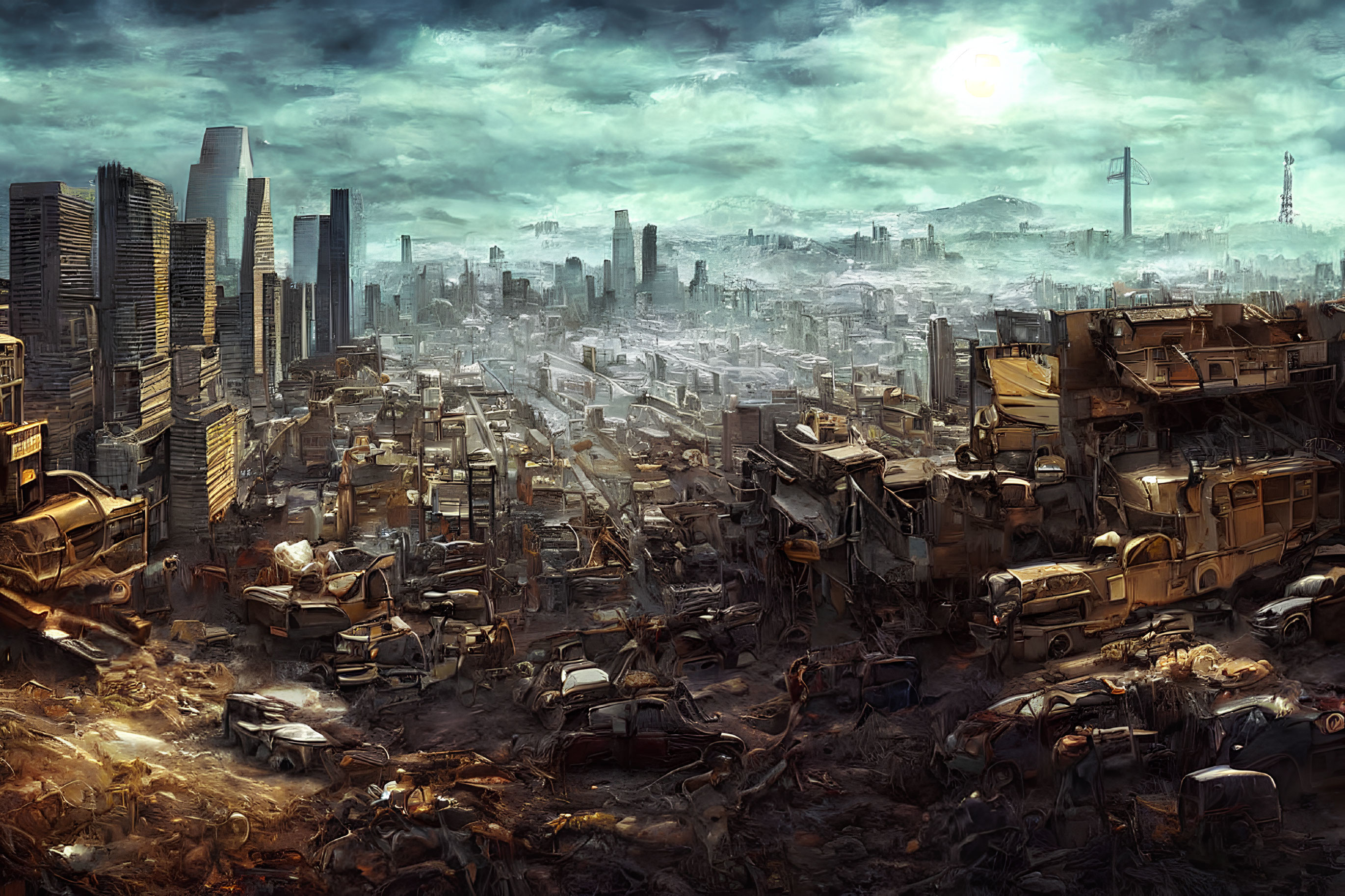 Dystopian cityscape with crumbling buildings and polluted sky