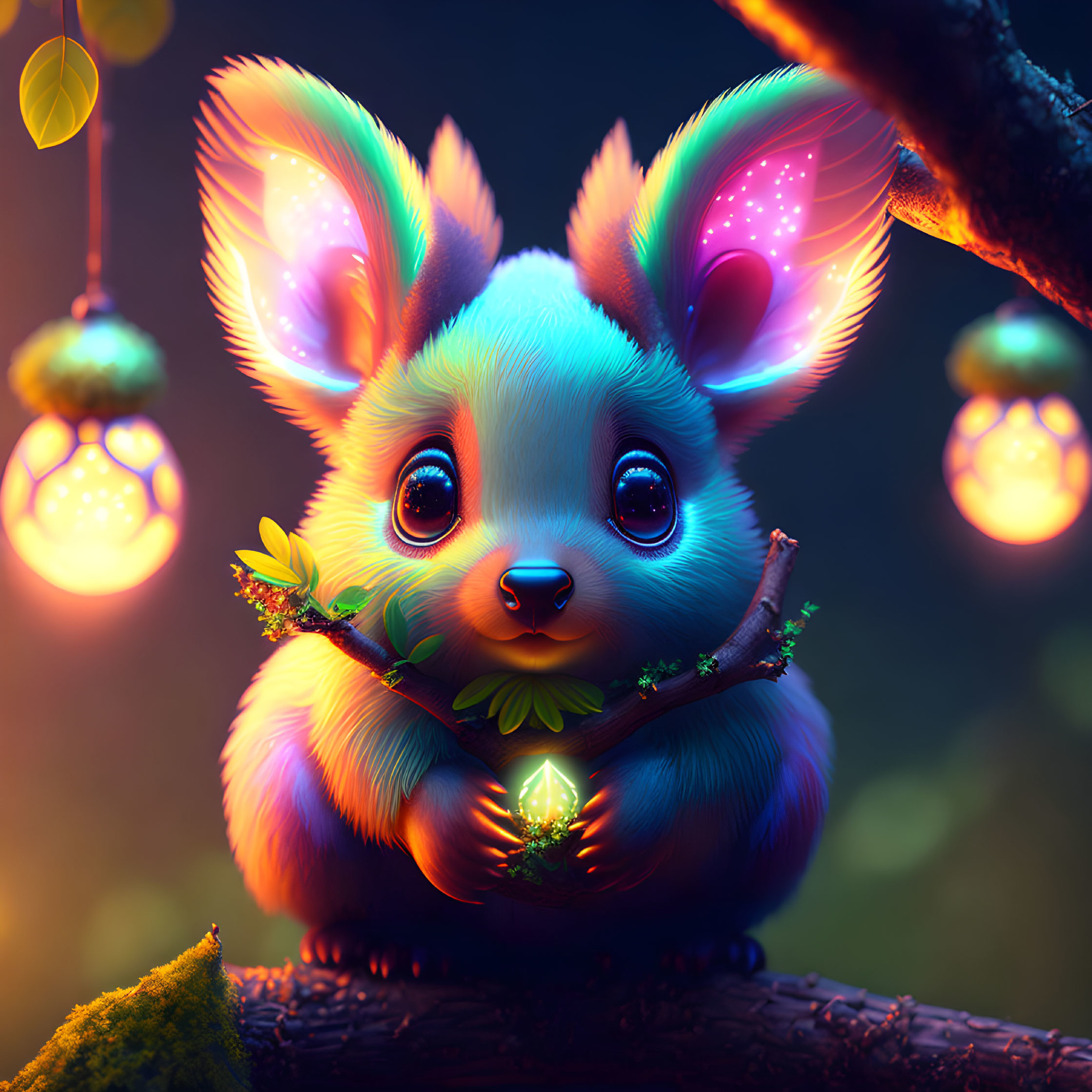 Colorful Digital Illustration of Luminous Rabbit Creature on Branch