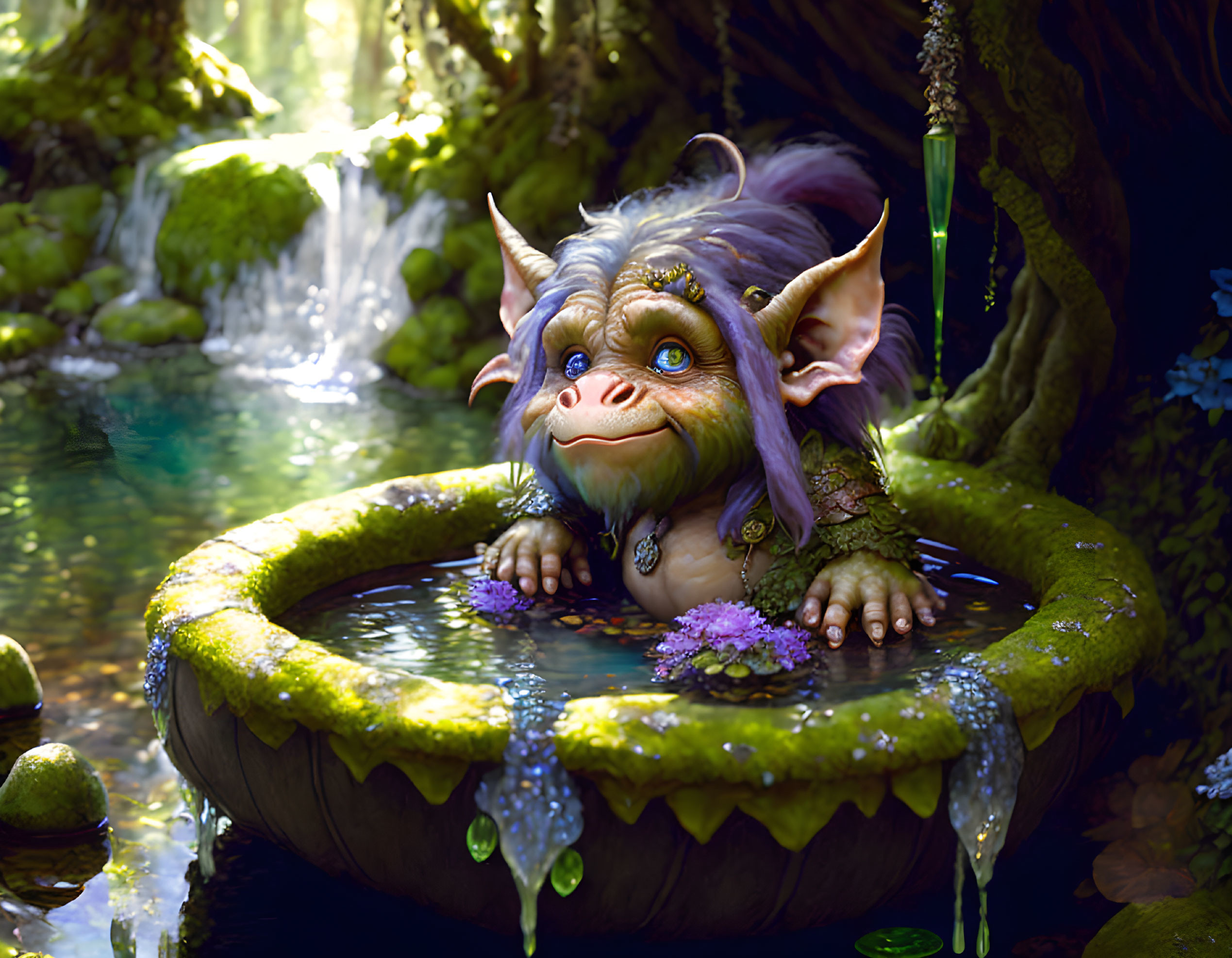 Whimsical creature with large ears in enchanted forest scene