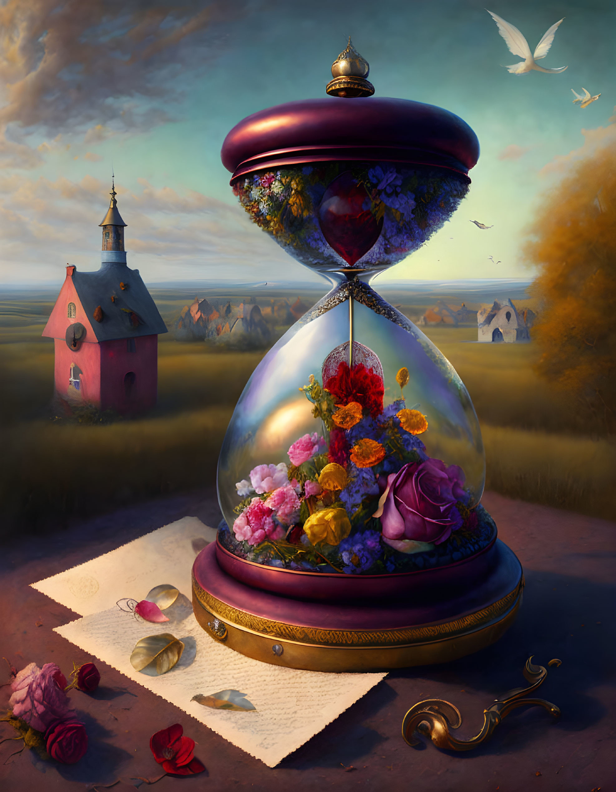 Hourglass with flowers, letter, seal, landscape, and dove in vibrant image