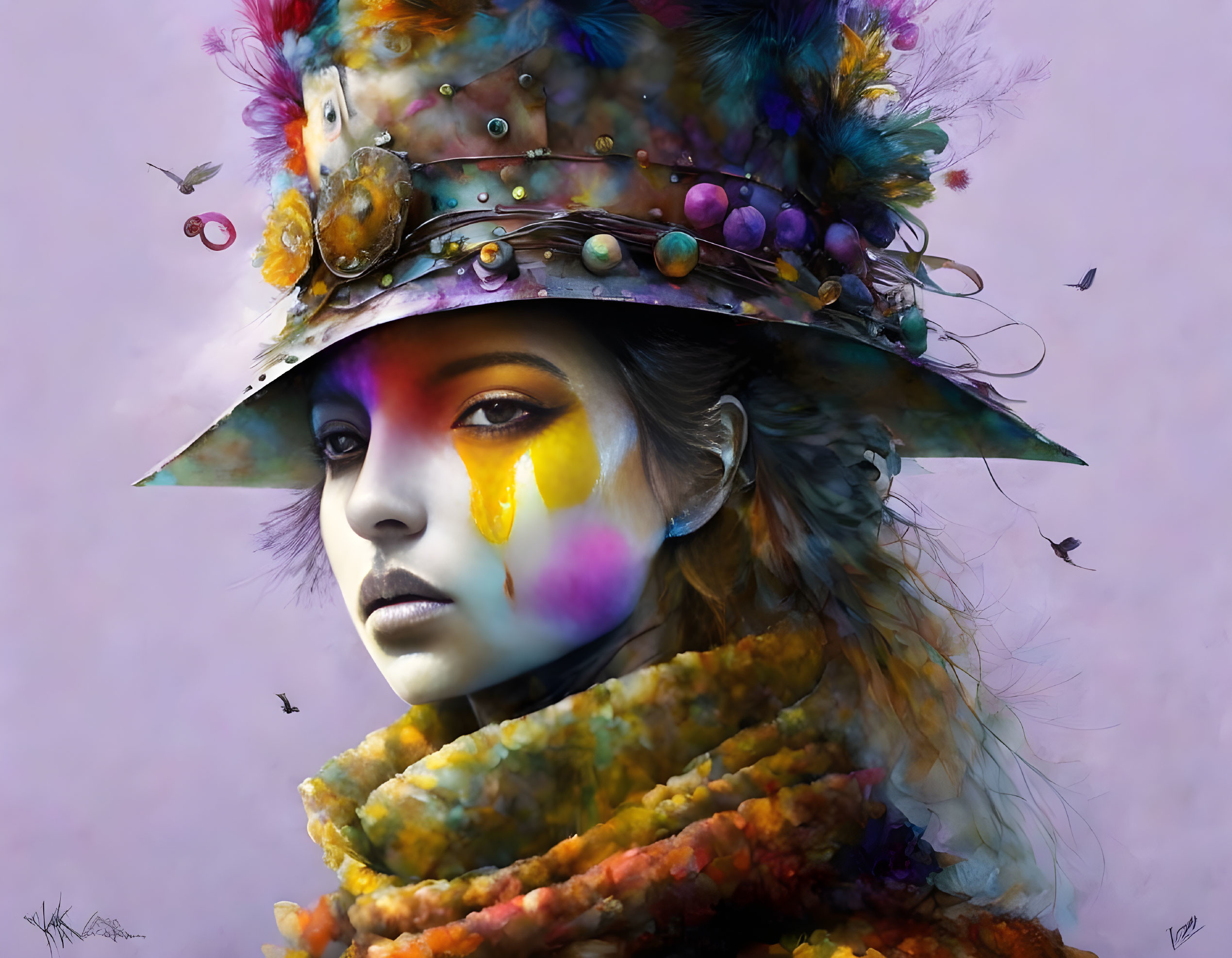 Colorful woman with face paint and ornate hat against purple backdrop and flying birds