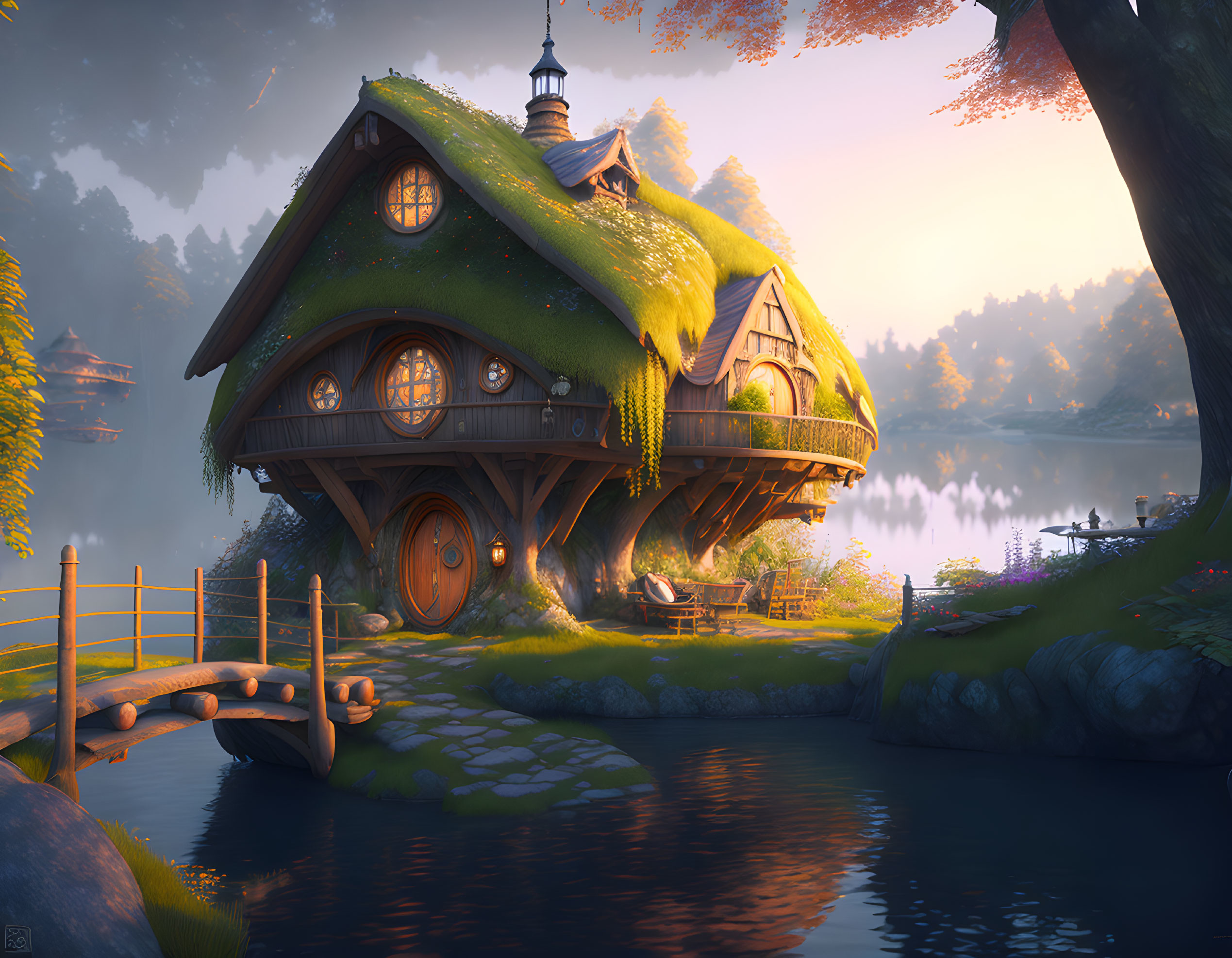 Thatched Roof Cottage by Serene Lake at Sunset