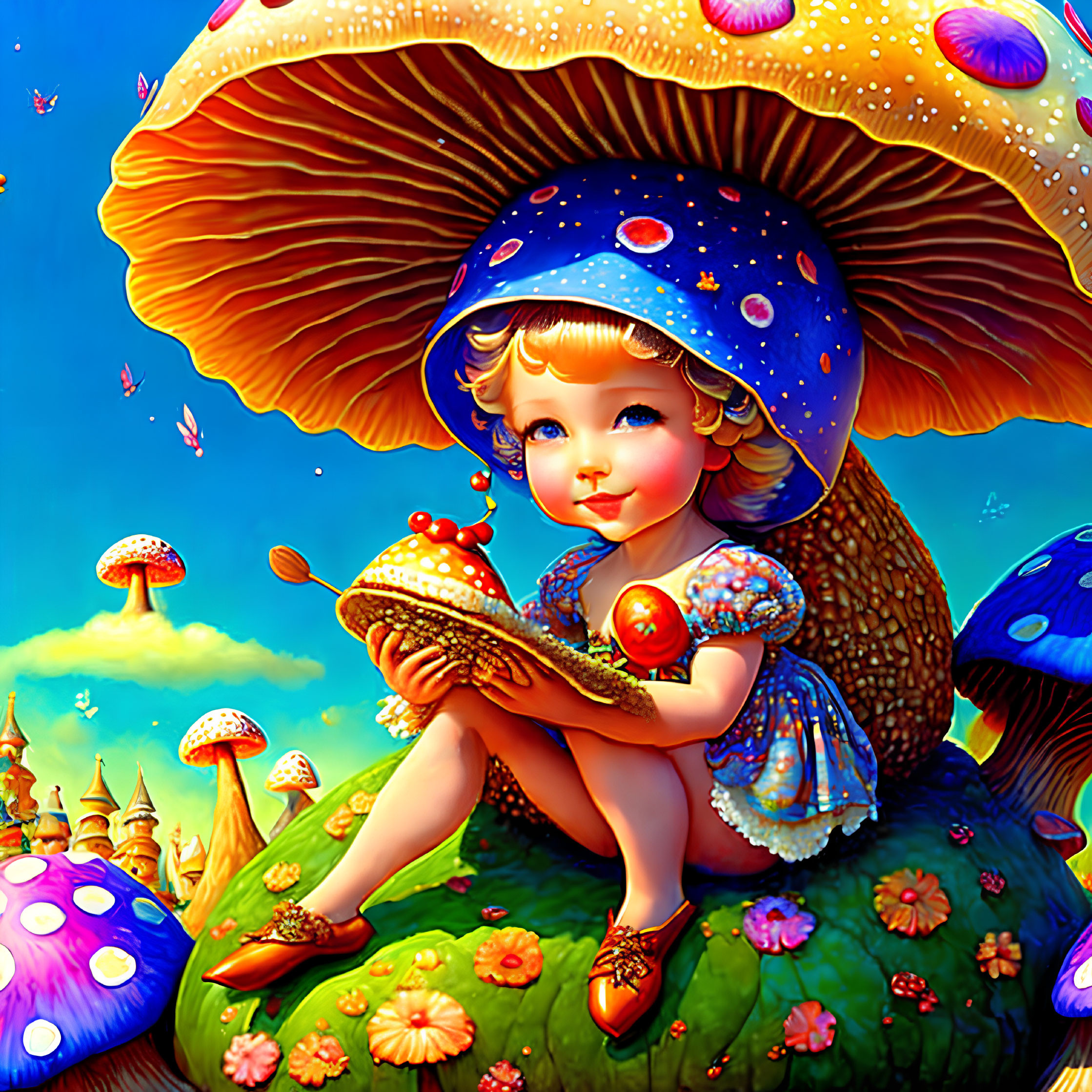 Colorful Illustration of Child with Mushroom Hat in Fantasy Landscape