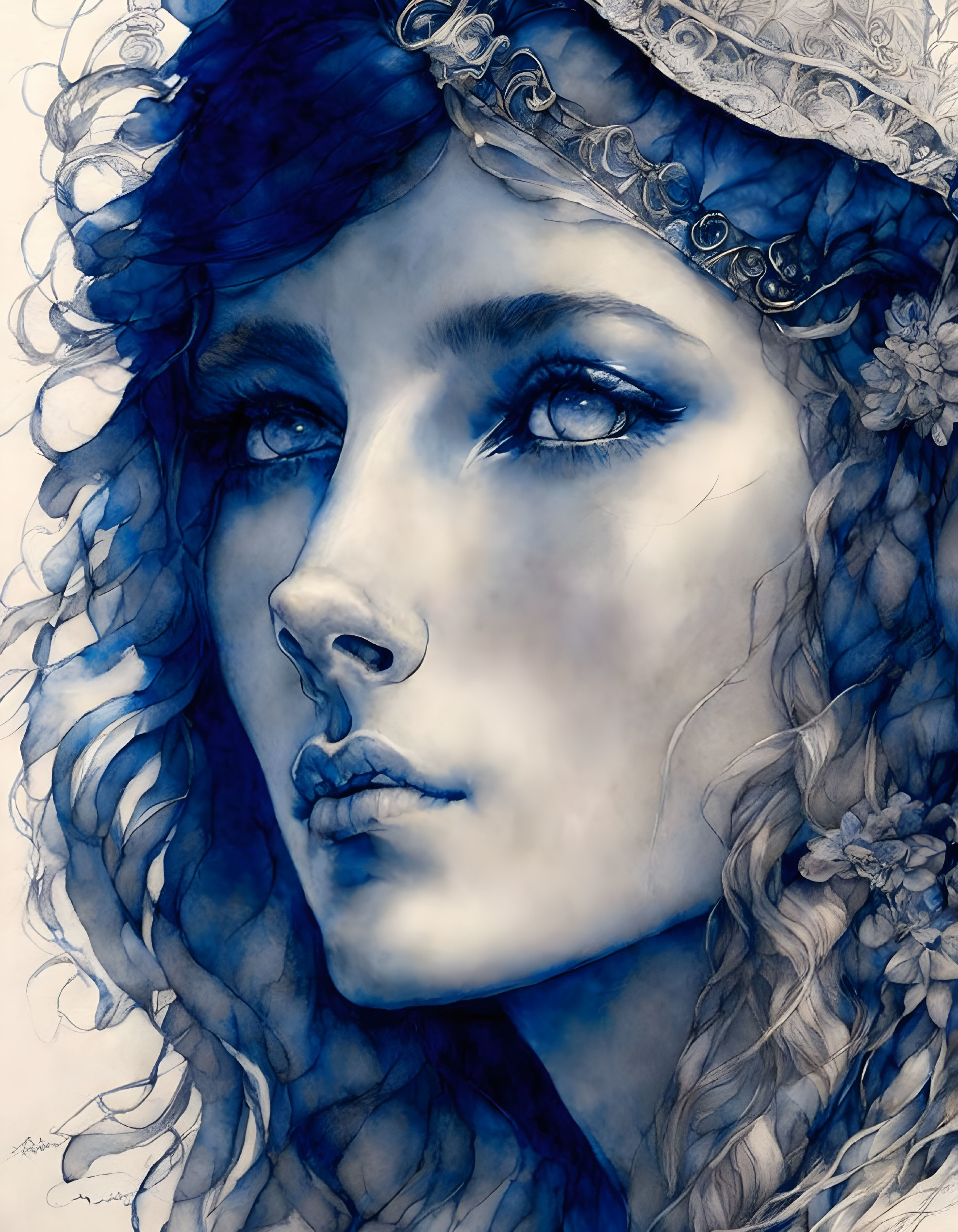 Woman with Blue Skin Patterns, Eyes, and Curly Hair Illustration