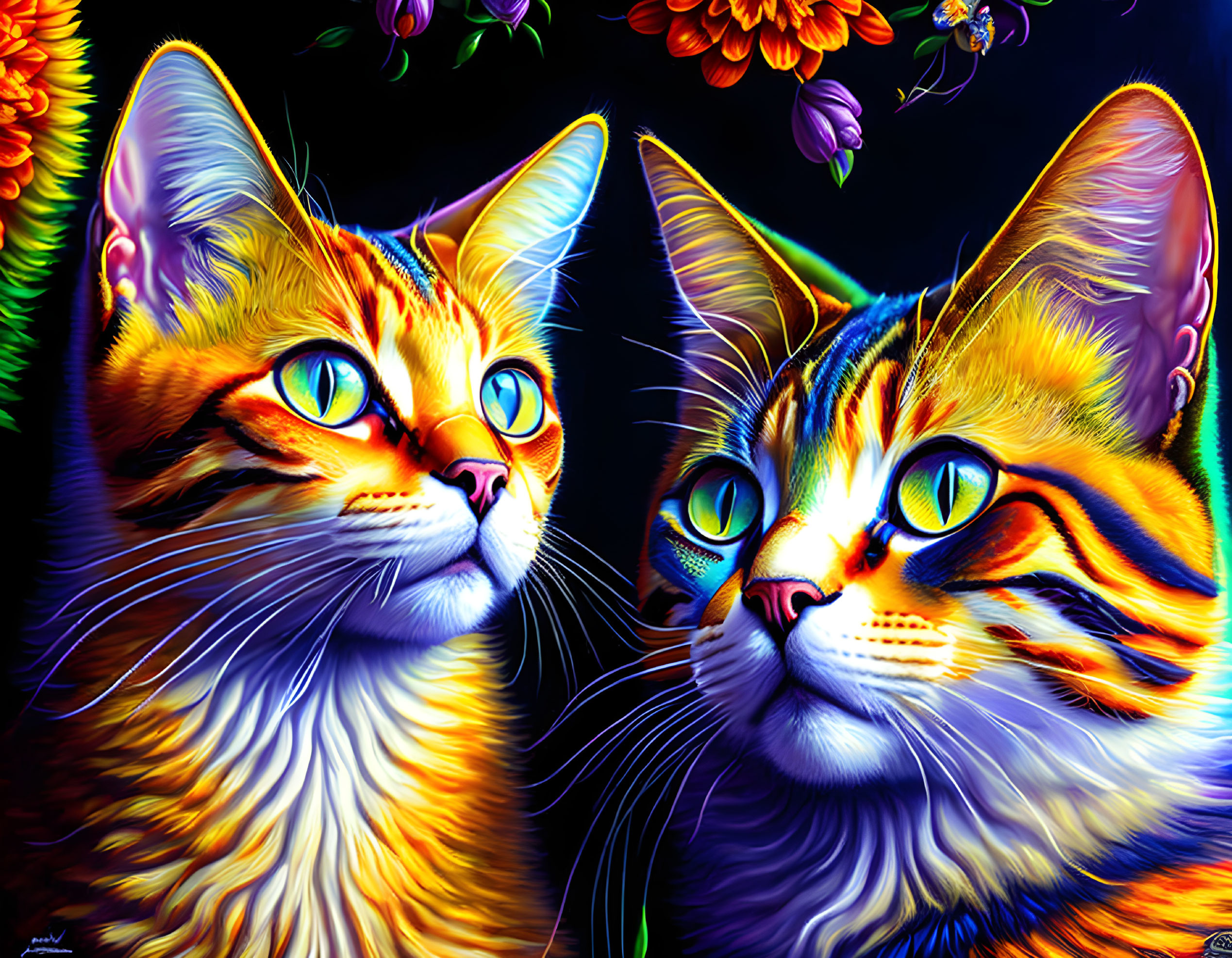 Colorful Digital Artwork of Two Cats with Multi-Colored Fur and Blue Eyes