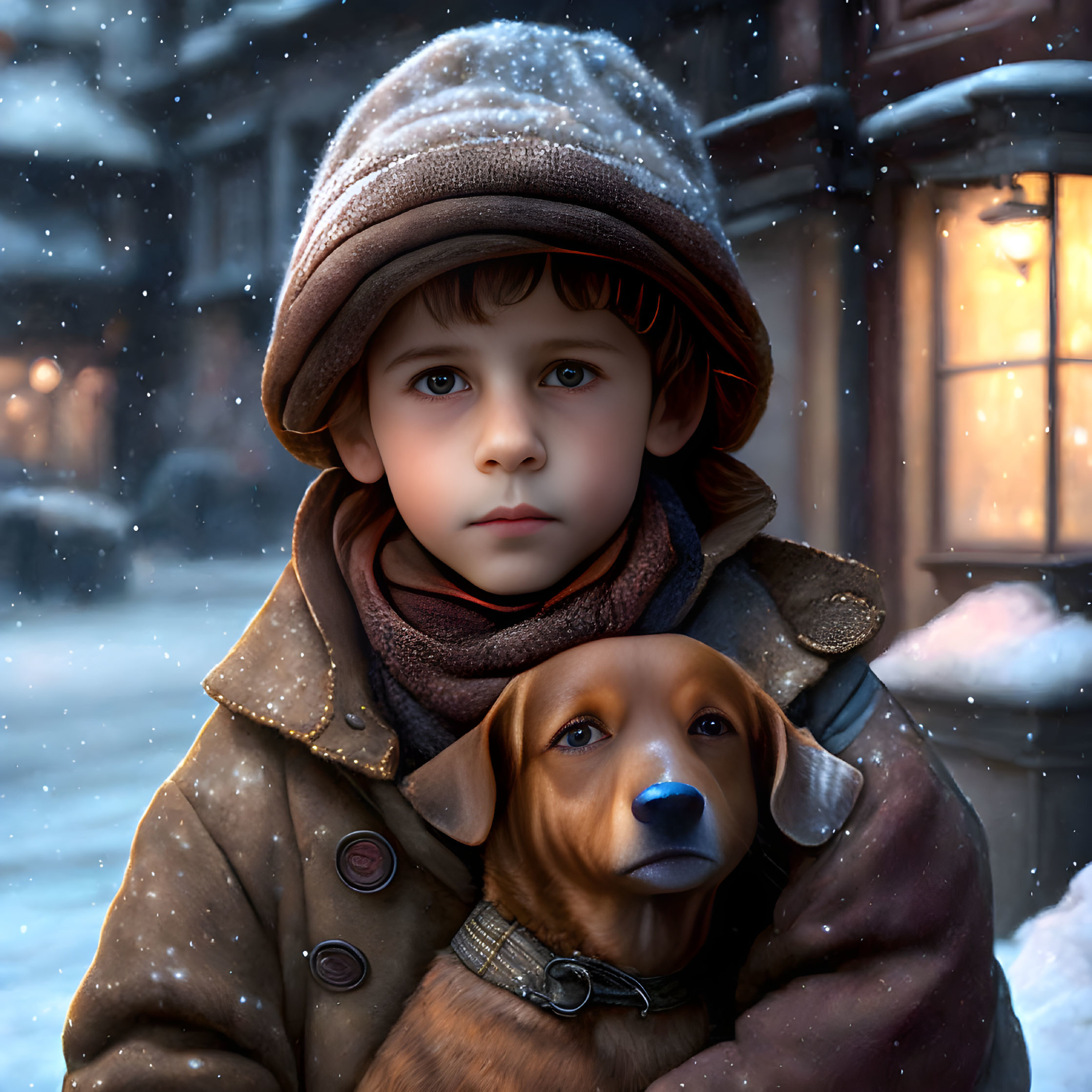 Child in winter clothing with brown puppy in snowy setting.