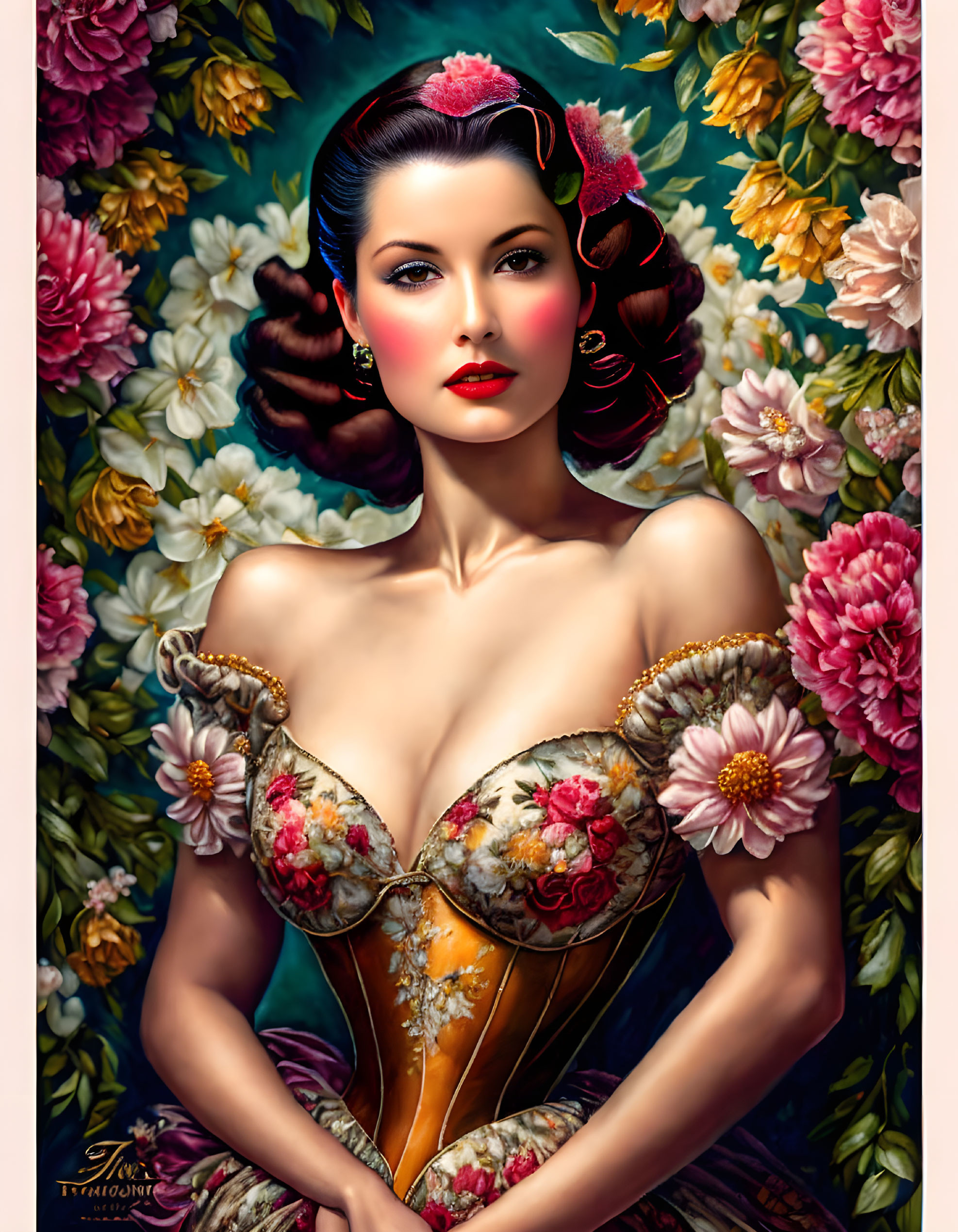 Digital painting: Woman with vintage style, floral corset, lush flower background.