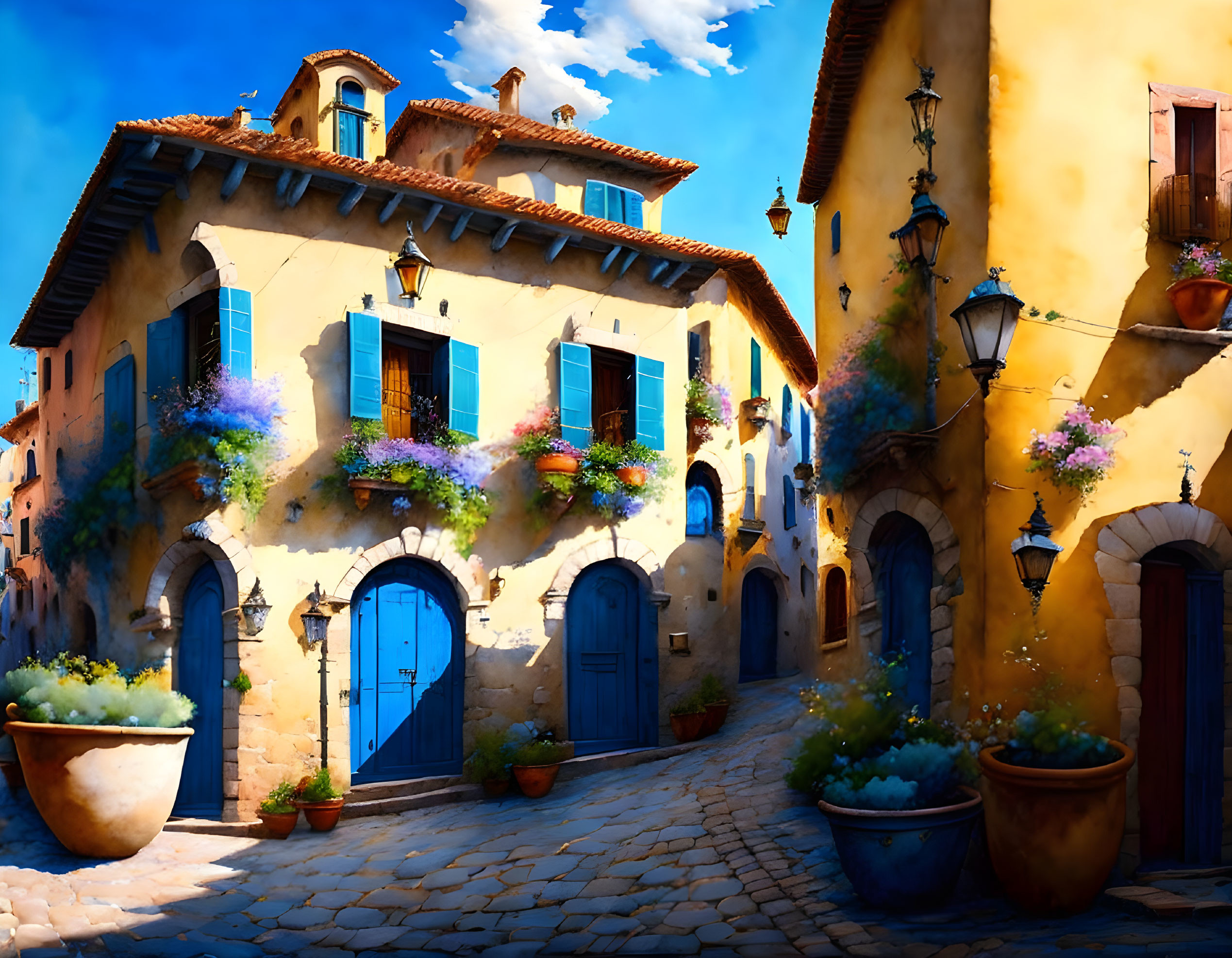 Picturesque European village with vibrant sunlit buildings and cobblestone streets