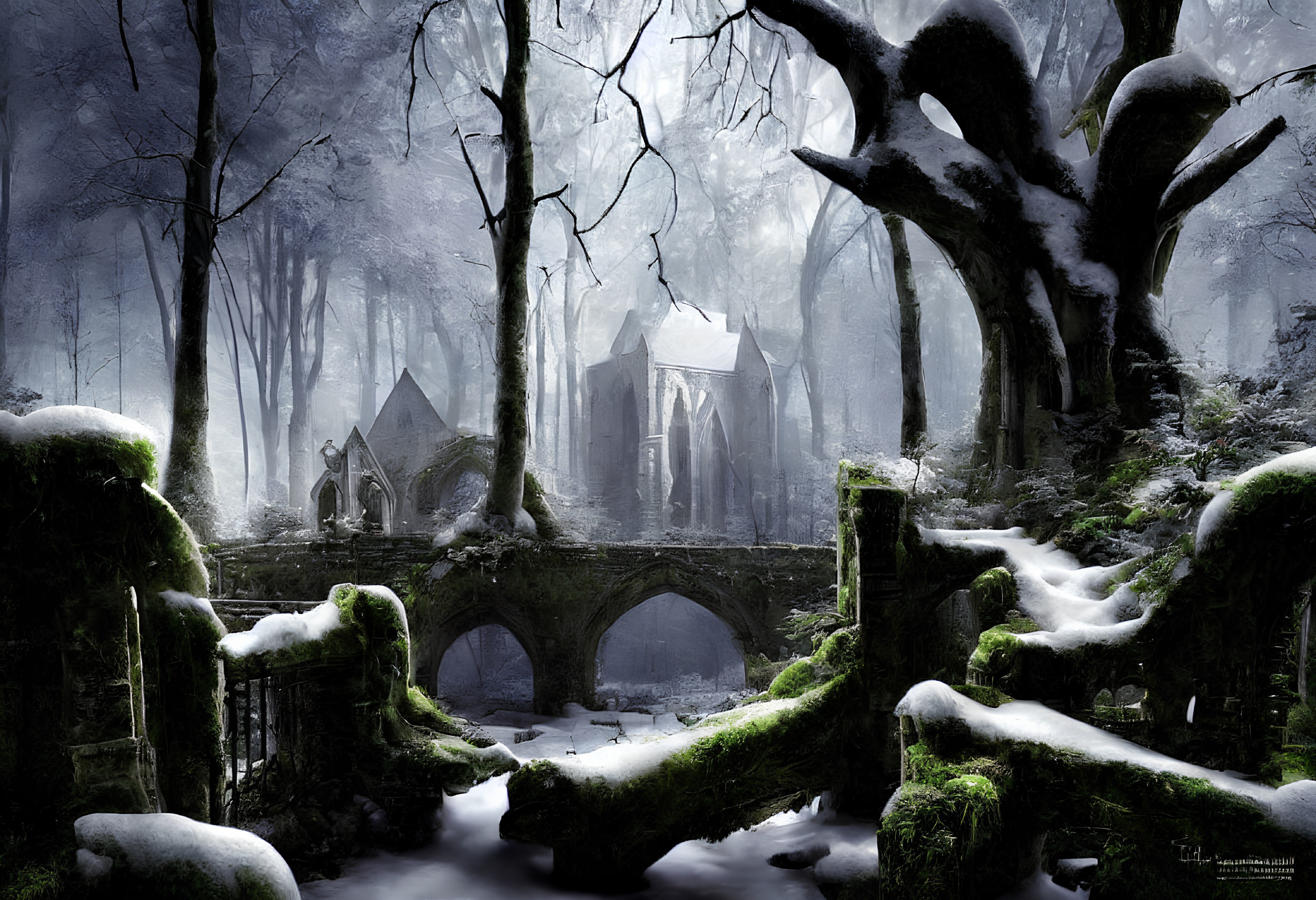 Snow-covered forest with ancient bridge and gothic ruin in misty winter scene