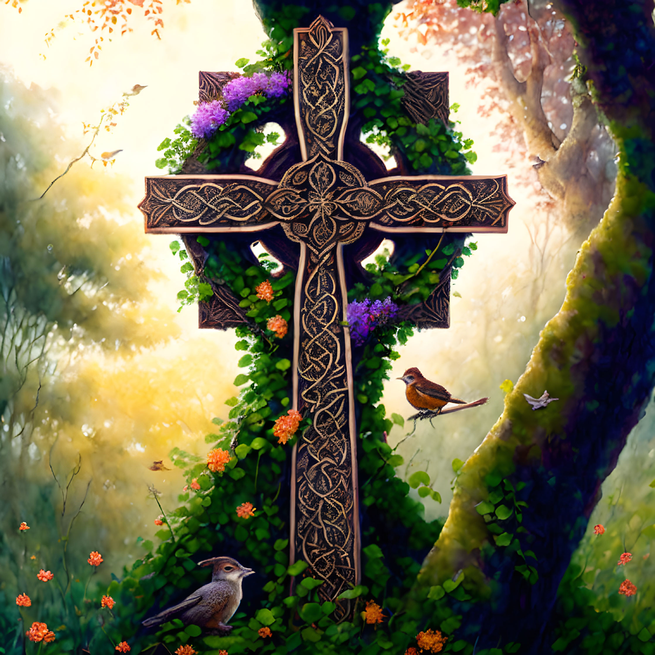 Ornate cross in vibrant forest with birds, flowers, and mystical foggy backdrop