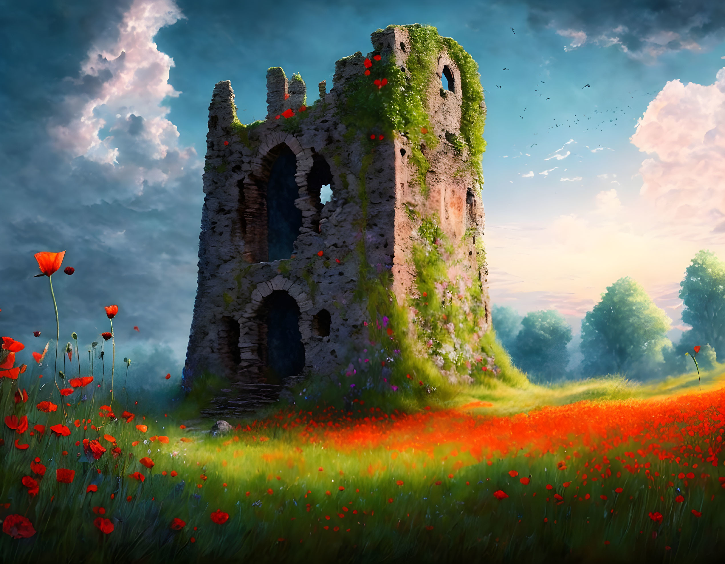 Ruined ancient tower in vibrant red poppy field at sunset