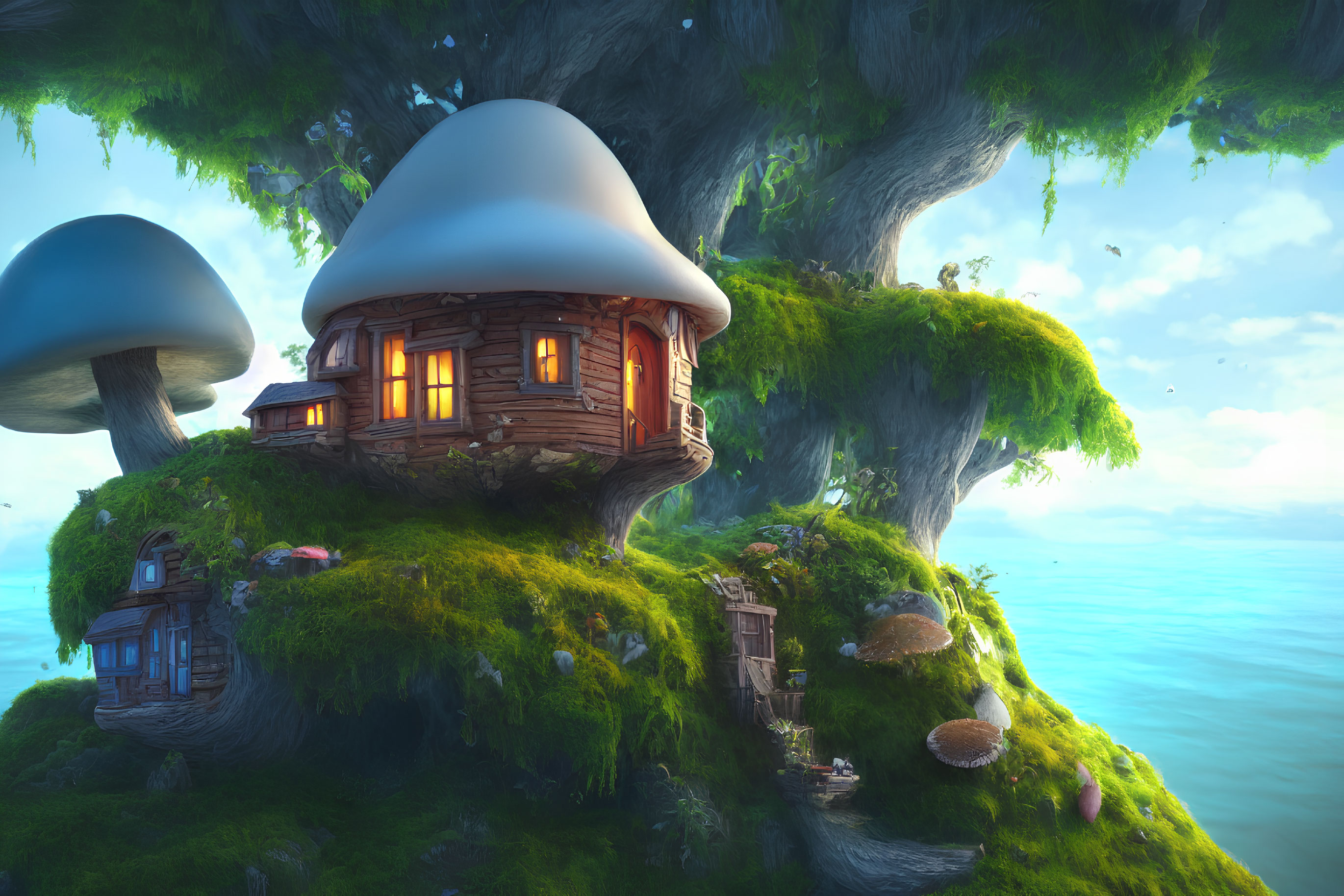 Fantasy landscape with mushroom-shaped house in fog-covered setting