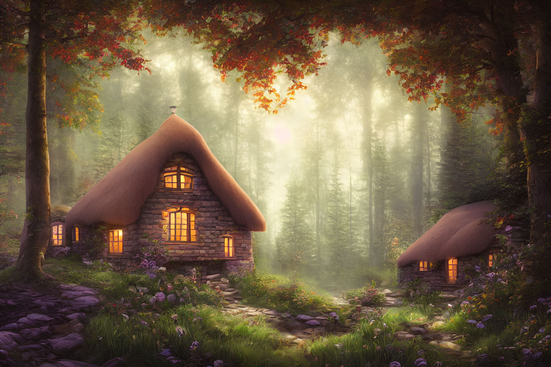 Tranquil forest glade with thatched-roof cottages at dusk amid autumn trees.