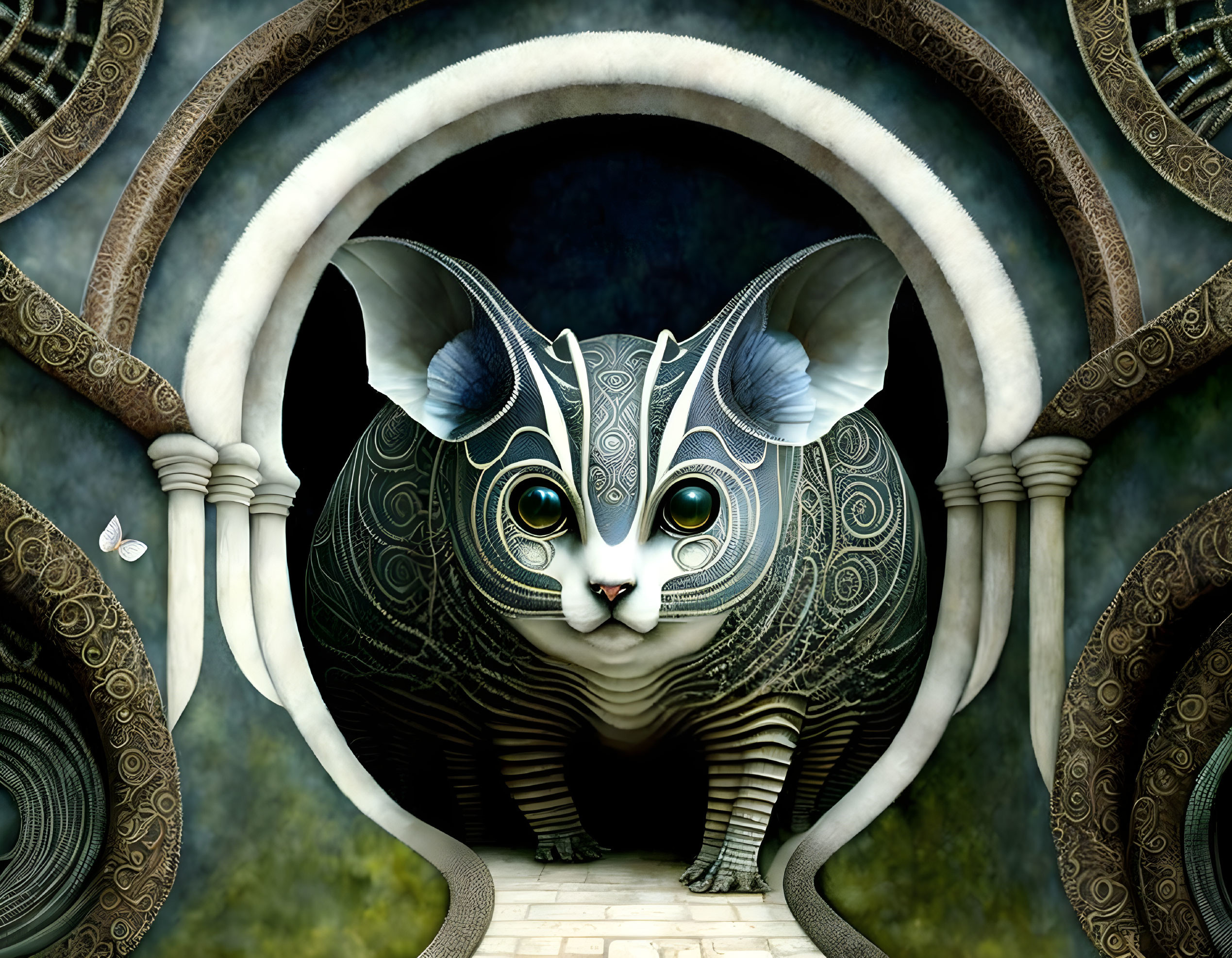 Stylized cat with intricate patterns and large eyes in whimsical digital art.