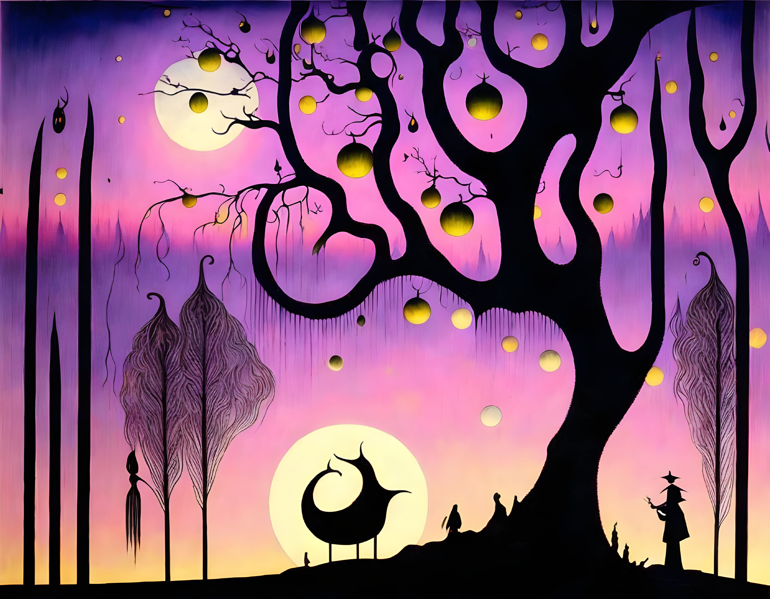 Colorful silhouette art: whimsical tree, crescent moons, willow trees, figure with hat