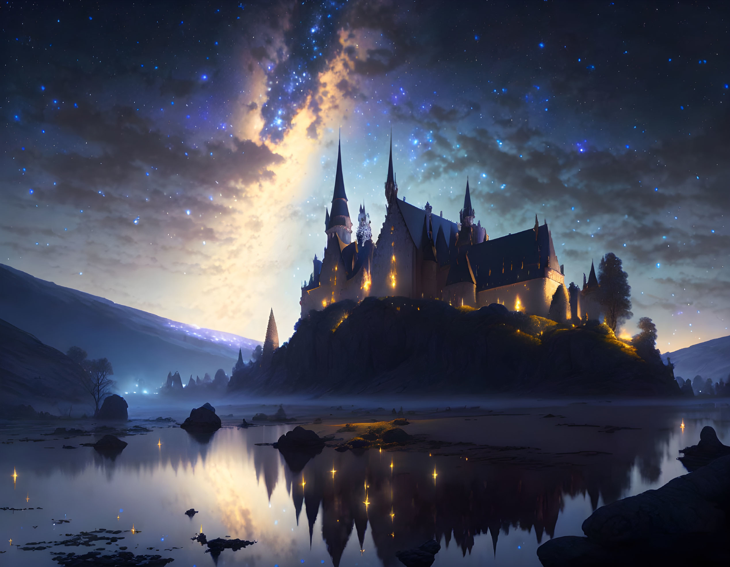 Castle on Hill by Serene Lake under Starry Sky