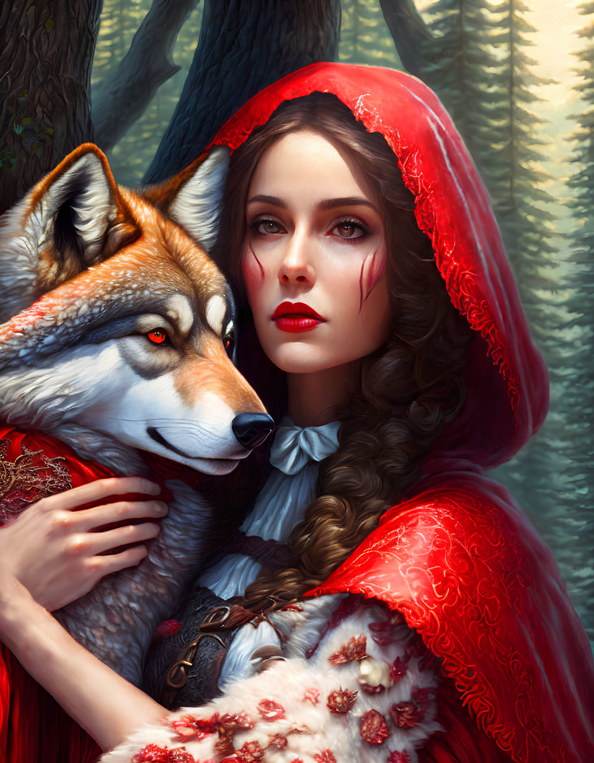 Digital artwork of young woman in red hooded cape with friendly wolf in mystical forest