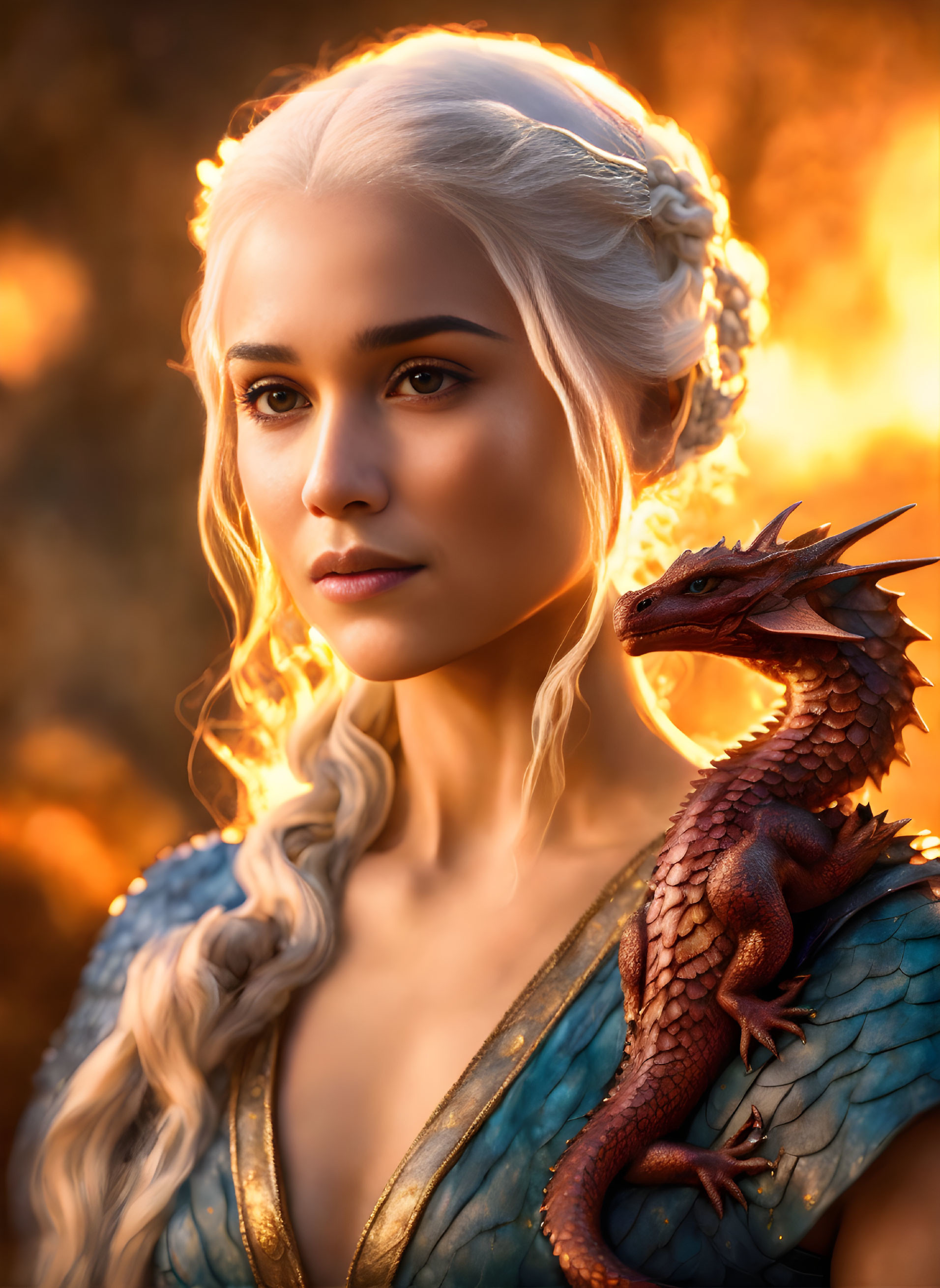 Platinum Blonde Woman with Braids and Red Dragon in Fiery Setting